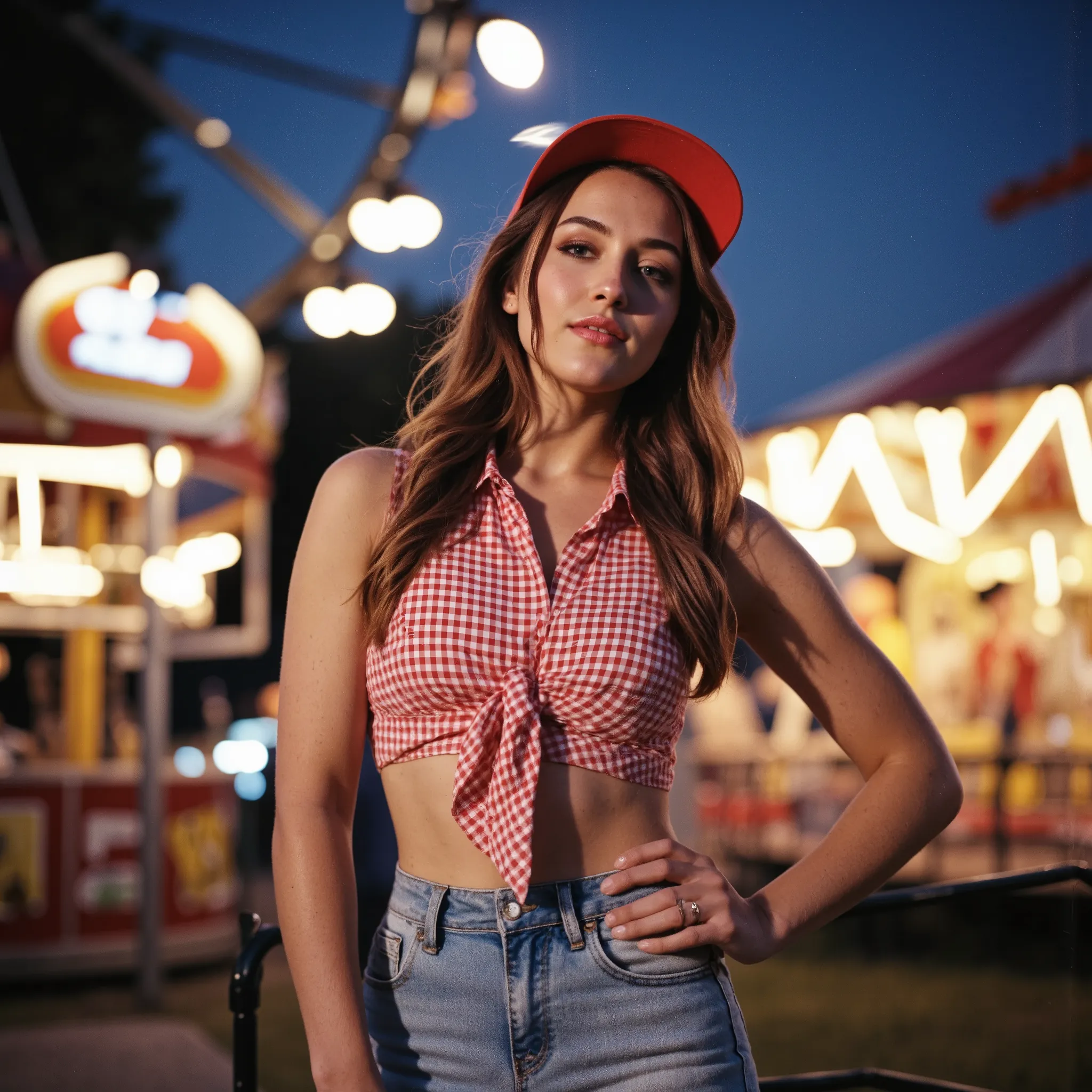 "A full-body editorial fashion photo inspired by 1970s vintage magazines, set in a colorful retro amusement park at night. A confident woman poses in front of blurred carnival rides and glowing marquee lights. She wears a tied red gingham crop blouse, fade...