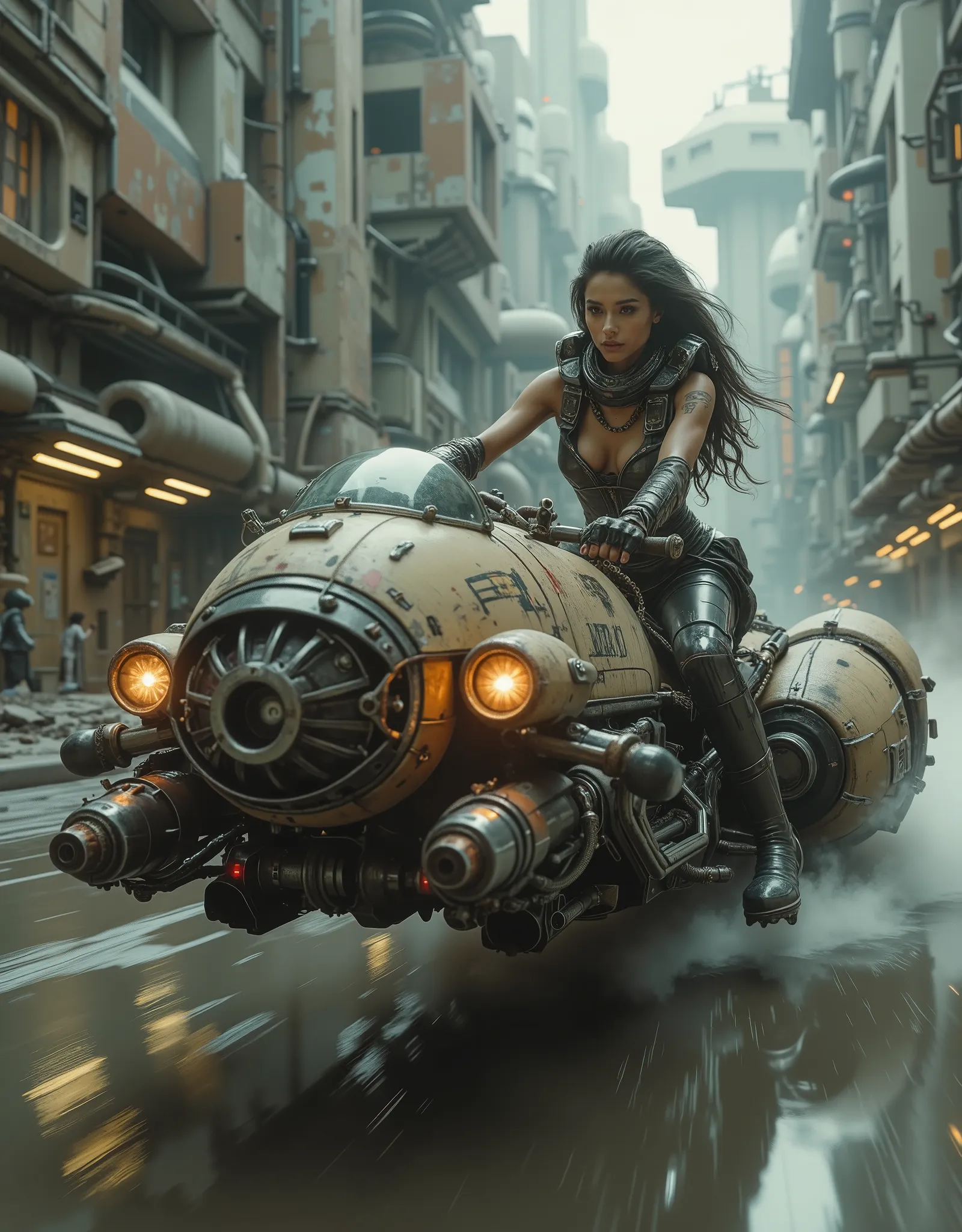 cinematographic photography using the rule of thirds and composition on planes Side photo full body shot counterposed, soft light, unmarked contrasts, a retrofuturistic motorcycle (Speeder bike) Flying ( bike) inspired by motorcycles with low frames and l...
