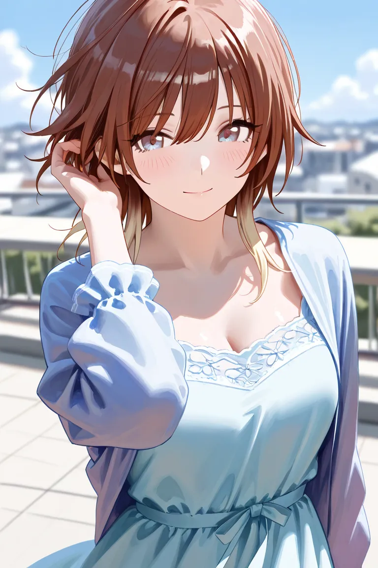 (Masterpiece), (Highest quality), (Very detailed), 
(The best shape), (Best Shadow), (Absurd), 
(Detailed background), (So beautiful), Shiny , 
Extraordinary, Countershading, 8k, 32K, High resolution, Beautiful eyes in every detail,
Very Detailed CG, UHD,

Score_9, Score_8_up, Score_7_up, Source_anime, 
(Pastel painting:1.2), (Watercolor painting:1.2),
(Masterpiece, Detailed:1.2), (Foreshortening:1.2),

Cinematic, Dramatic, (Depth of field:1.4),
(Blurry background:1.4), (Realistic background:1.4),
(Foreshortening:1.3),Dynamic angle, 1 girl,
Outdoor, rooftop, blue sky, cloud, wind,

aketa mikoto,
The idolmaster shiny colors,
m_aketa, 
brown hair, medium hair, blonde hair, multicolored hair,
brown eyes, blue eyes, multicolored eyes,

(Casual wear:1.3),
(indigo dress:1.1), casual dress, long dress,
shirt, open shirt, long sleeves shirt,

portrait, Focus on face, close up shot,
(Blush:1.3), smile,
putting hair in ears
Realistic skin, Shiny skin,