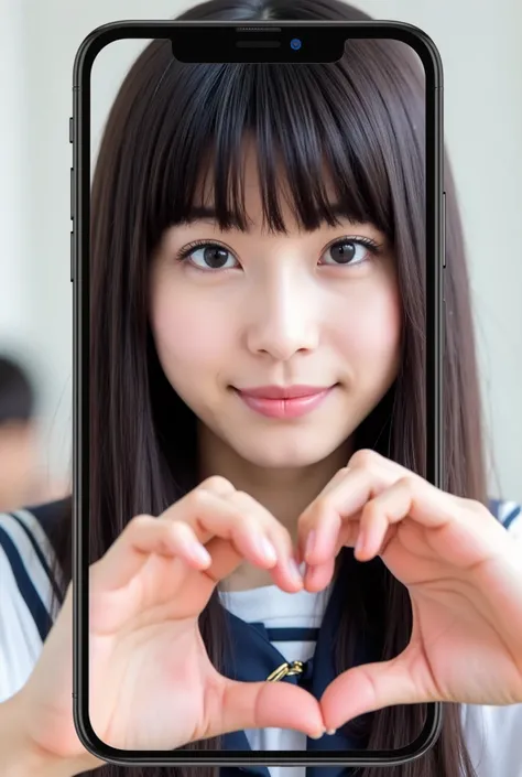 Create a photo collection featuring a Japanese idol girl with fair skin. She has long, straight black hair styled in a ponytail with bangs. Dressed in a sailor uniform, she is displayed on a smartphone screen that fills the entire display, including the sm...