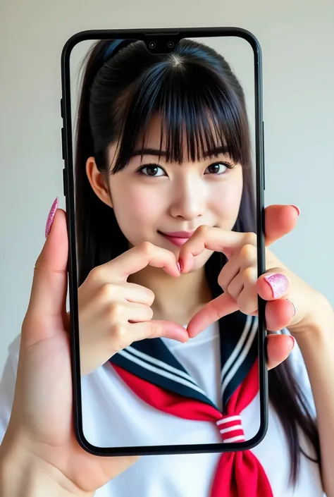 Create a photo collection featuring a Japanese idol girl with fair skin. She has long, straight black hair styled in a ponytail with bangs. Dressed in a sailor uniform, she is displayed on a smartphone screen that fills the entire display, including the sm...