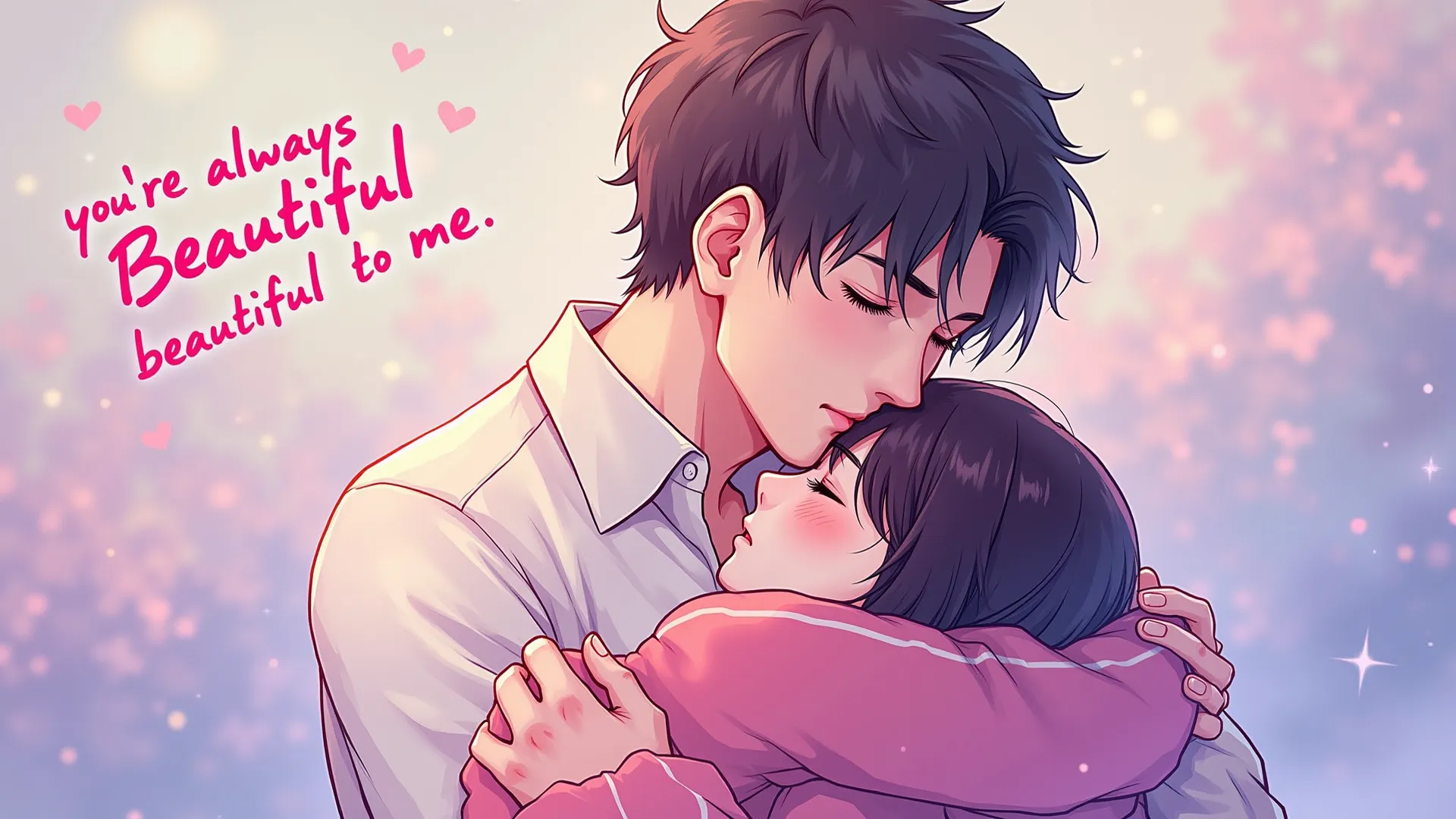 Webtoon art style, Dũng hugging the main character, but her face, unseen by him, shows a flicker of doubt. The words You're always beautiful to me float in the air, but they seem less impactful than before.
