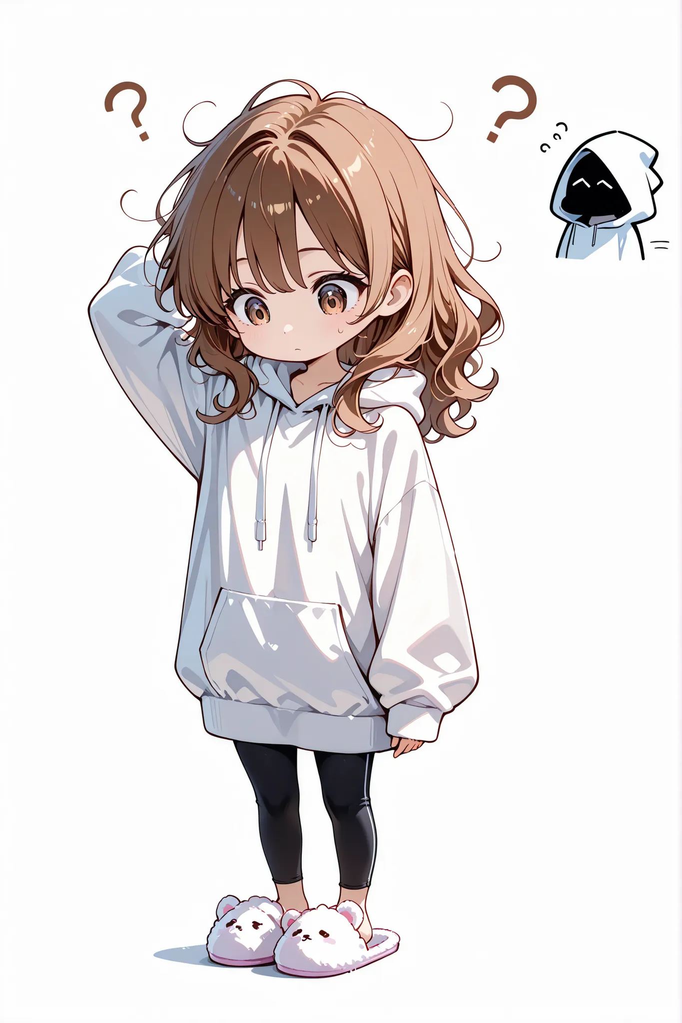 chibi style, full body in frame, flat bust, woman, plain white background, medium length wavy hair slightly disheveled, oversized hoodie, leggings, fluffy slippers, confused, slightly frowning, scratching head with one hand, looking down thoughtfully, slig...