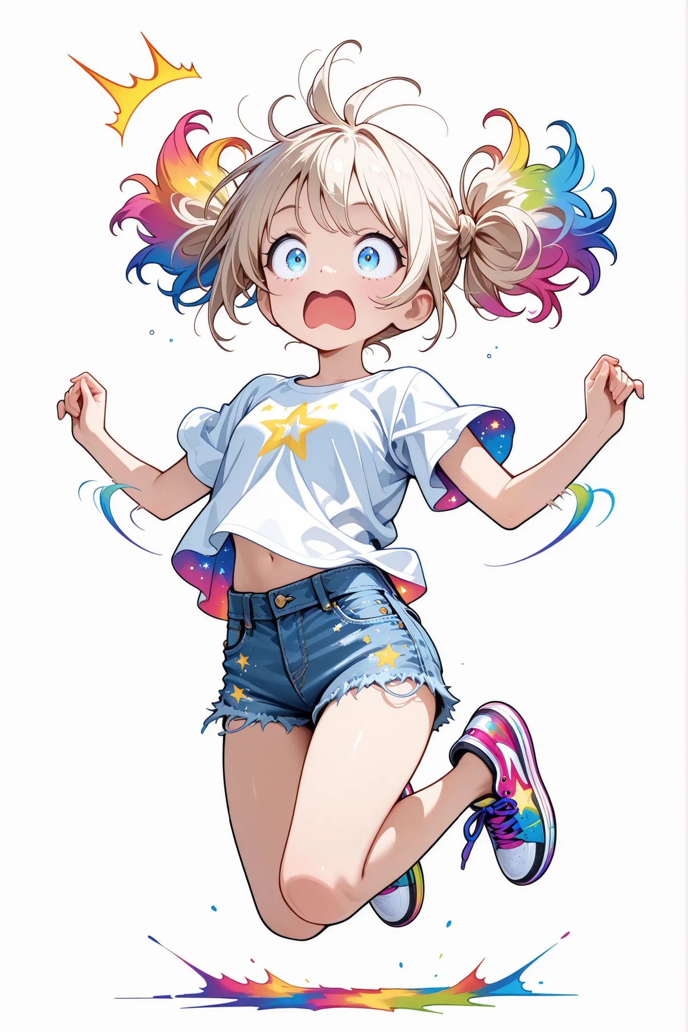 chibi style, full body in frame, flat bust, woman, plain white background, messy short pigtails, casual t-shirt with a star print, denim shorts, colorful sneakers, wide-eyed surprise, mouth open in a gasp, jumping mid-air with arms flailing, low-angle view