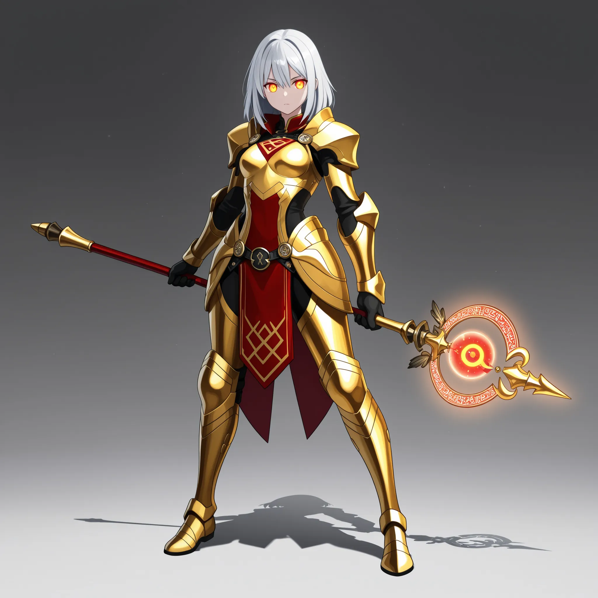 full-body portrait of a fantasy action figure character, stylized anime style, mystic warrior mage with silver hair and glowing amber eyes, wearing ornate white and gold armor with magical runes, holding a glowing staff, action figure pose (standing firm w...