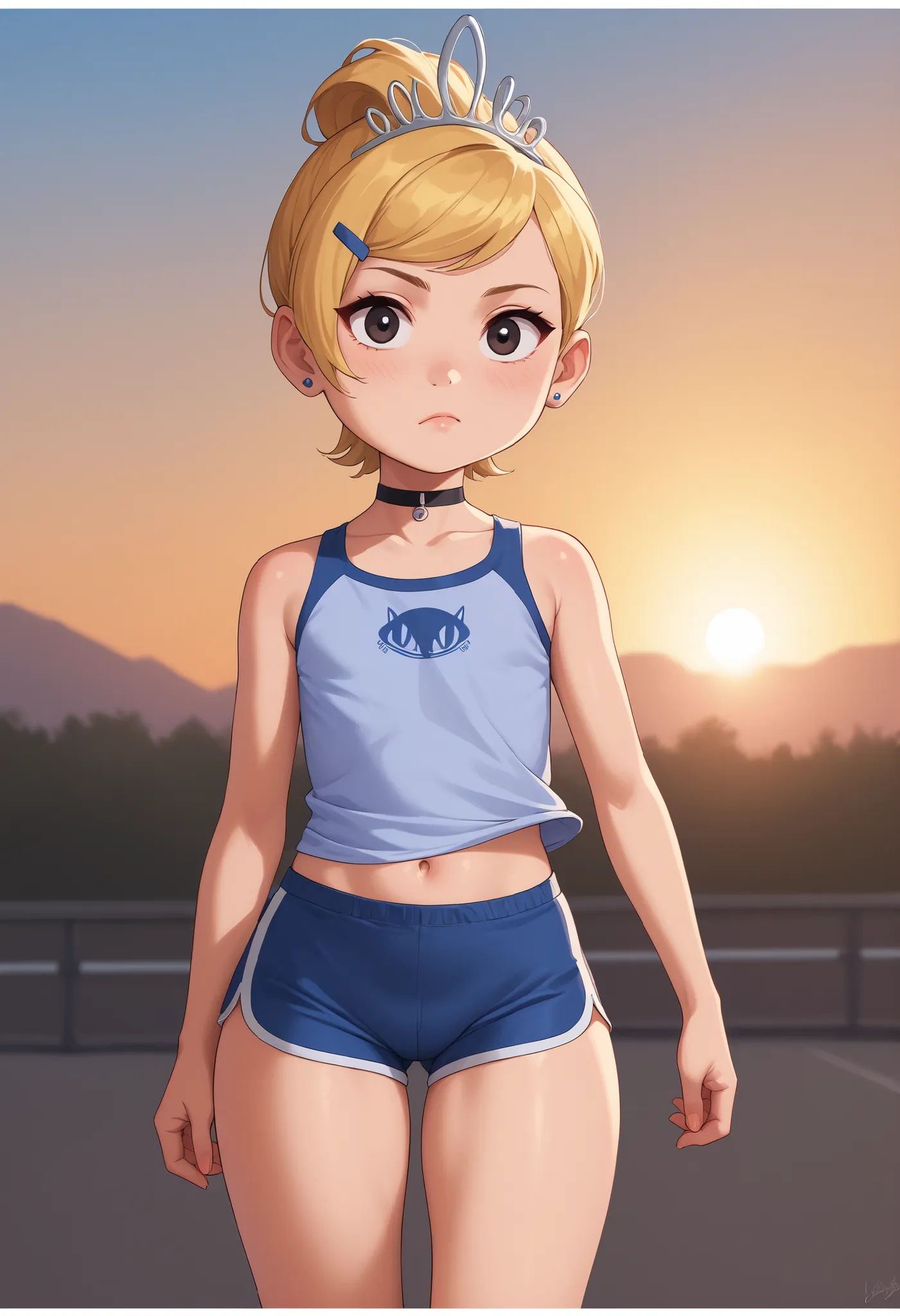 flat breasts. flat chest, skinny, huge hips, looking at viewer, 1o1a, blonde hair, tiara, Black eyes, earrings, necklace, choker. | Score 9, Score 8, Score 7, Masterpiece, High Quality, Good Quality, Latest Model, High Resolution, Absurd, ((White Border)),...