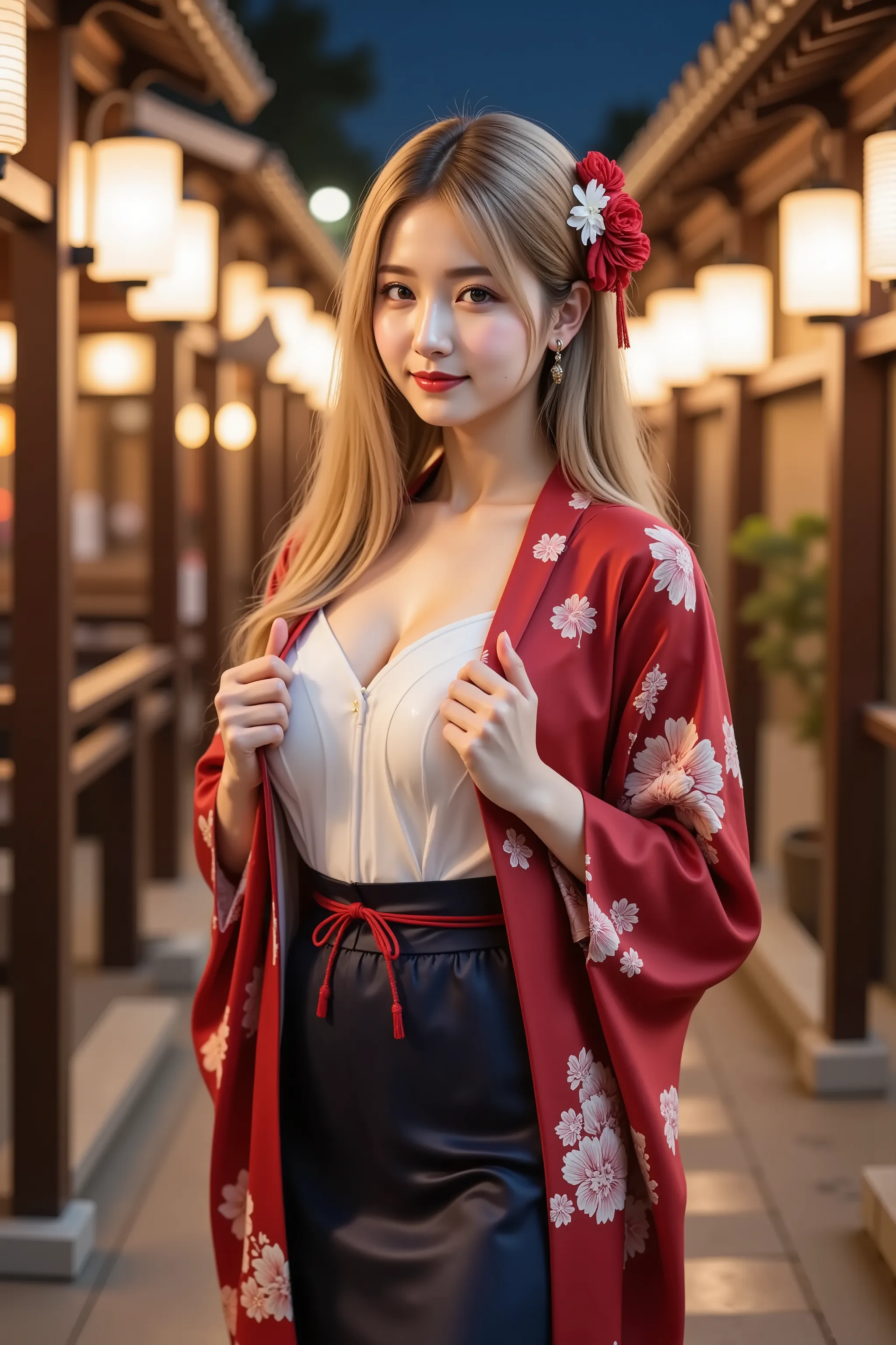 smile, hair styled in aplatinum blonde, gold hair,slender woman with firm, fully packed large breasts creating wide, deep, and boldly emphasized cleavage, wearing a traditional Japanese kimono jacket of deep crimson silk adorned with delicate white cherry ...