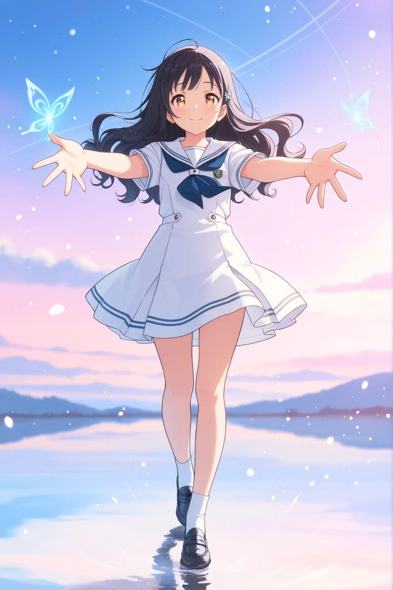 1girl, , long wavy black hair, sailor school uniform or white dress, appearing from thin air, glowing particles, soft light, floating gently, magical atmosphere, gentle smile, warm eyes, reaching out, ethereal, fantasy lighting, anime style, pastel colors,...