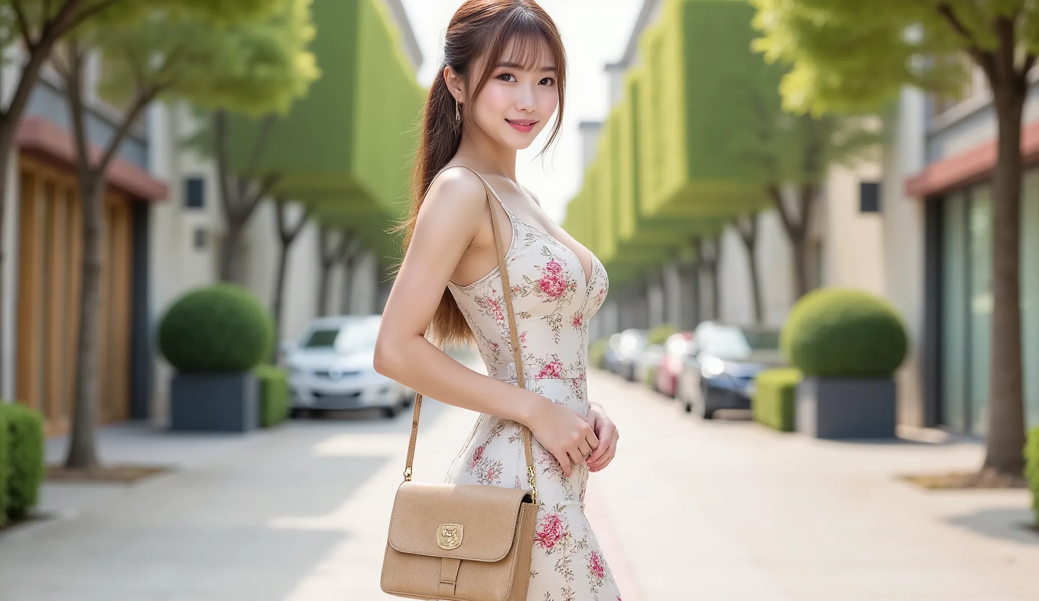 Asian girl, tie a brown ponytail, wears a flower dress (small floral pattern in tone, milky white, persimmon, xanh) tight body to a charming curve, wear a beige book bag reinforced with string, confidently stroll in front of the Square of Times, flexible f...