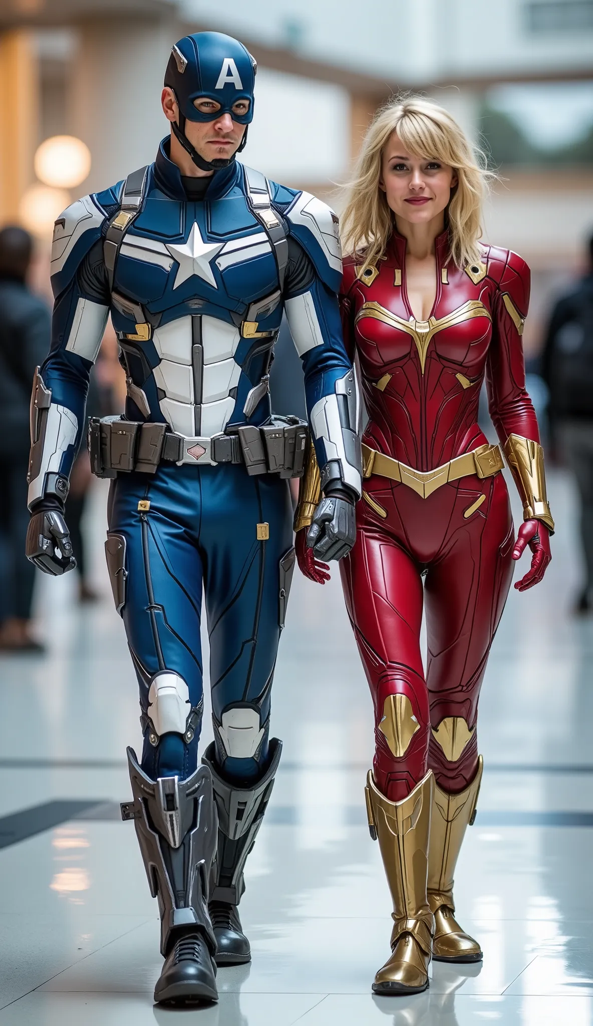 character: 1 man with mask full head Wearing futuristic white captain america body suit with blue silver armor futuristic white accents, and 1 woman yellow hair with bangs Wearing futuristic red captain Marvel body suit with gold silver armor futuristic ...