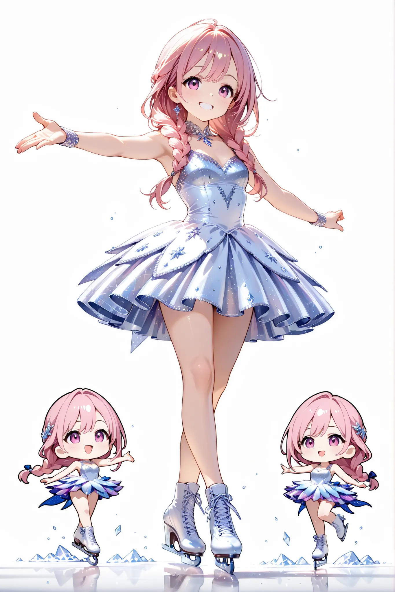 chibi style, full body in frame, flat bust, woman, plain white background, long braided hair, white and pink figure skating dress with sequins, white ice skates, graceful, mid-spin with arms outstretched, smiling serenely, eye-level, capturing the elegance...