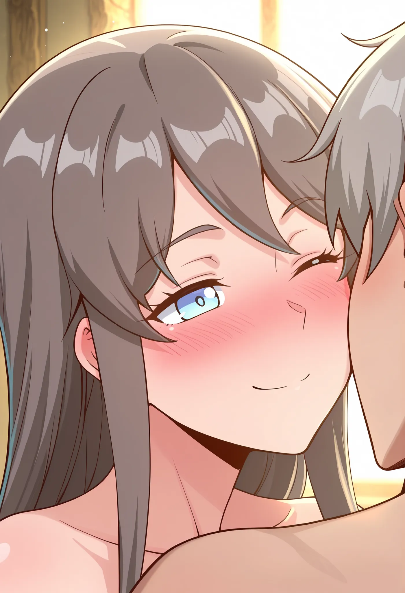 BREAK masterpiece, best quality), amazing quality, absurdres, highres, newest, HDR, 8K, 1girl, tilly_wimbledon, grey hair, long hair, blue eyes, nude, surprise kiss, closed mouth, orgasm, kissing cheek, hetero, blush, smile, 1boy, one closed eye