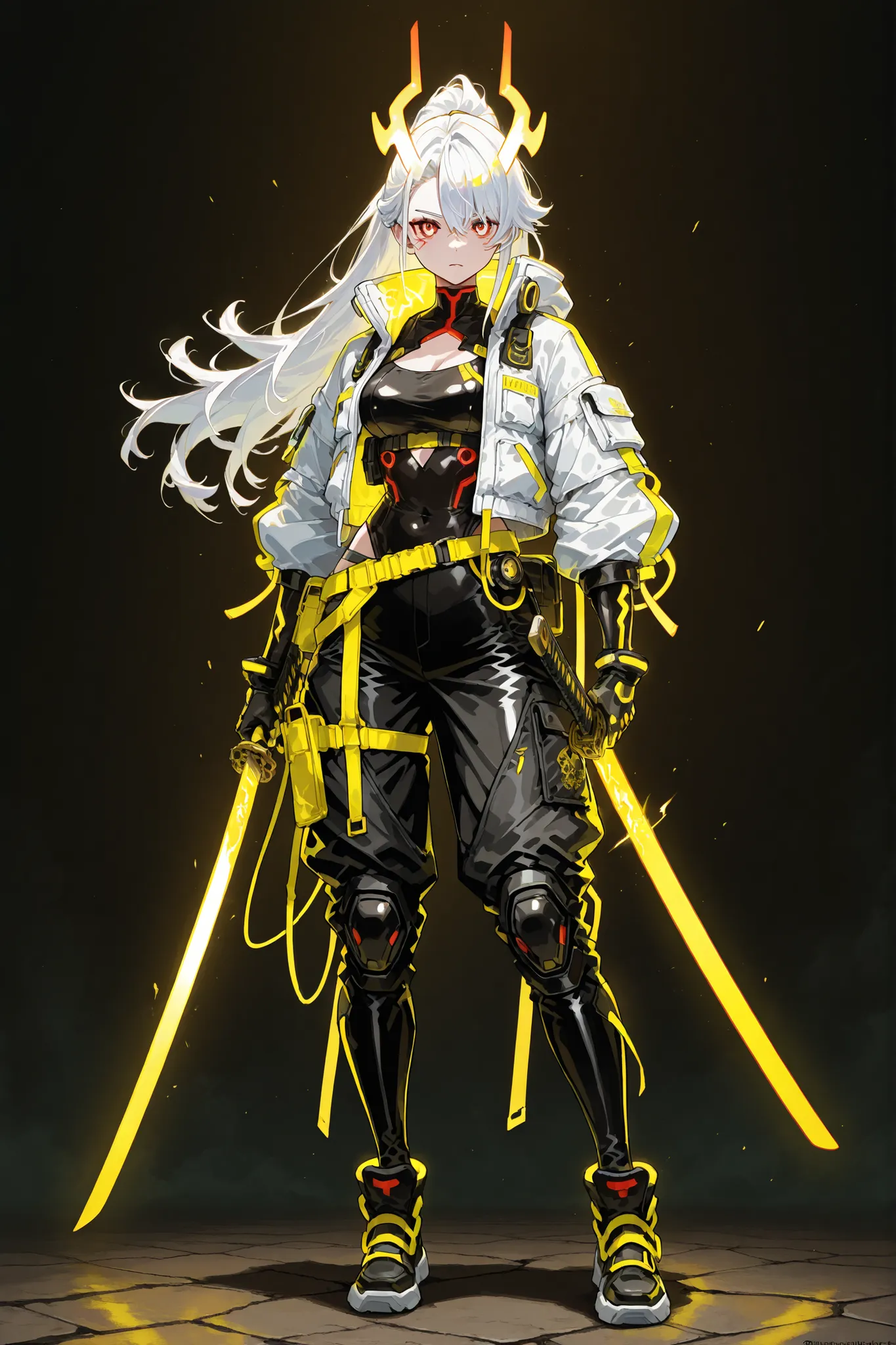 A beautiful girl with long white hair and red eyes, carrying an attractive and at the same time deadly look, wearing cyberpunk samurai-themed costumes and techwear in the color black mixed with white and gold props, num fundo escuro, ambiente escuro, conce...