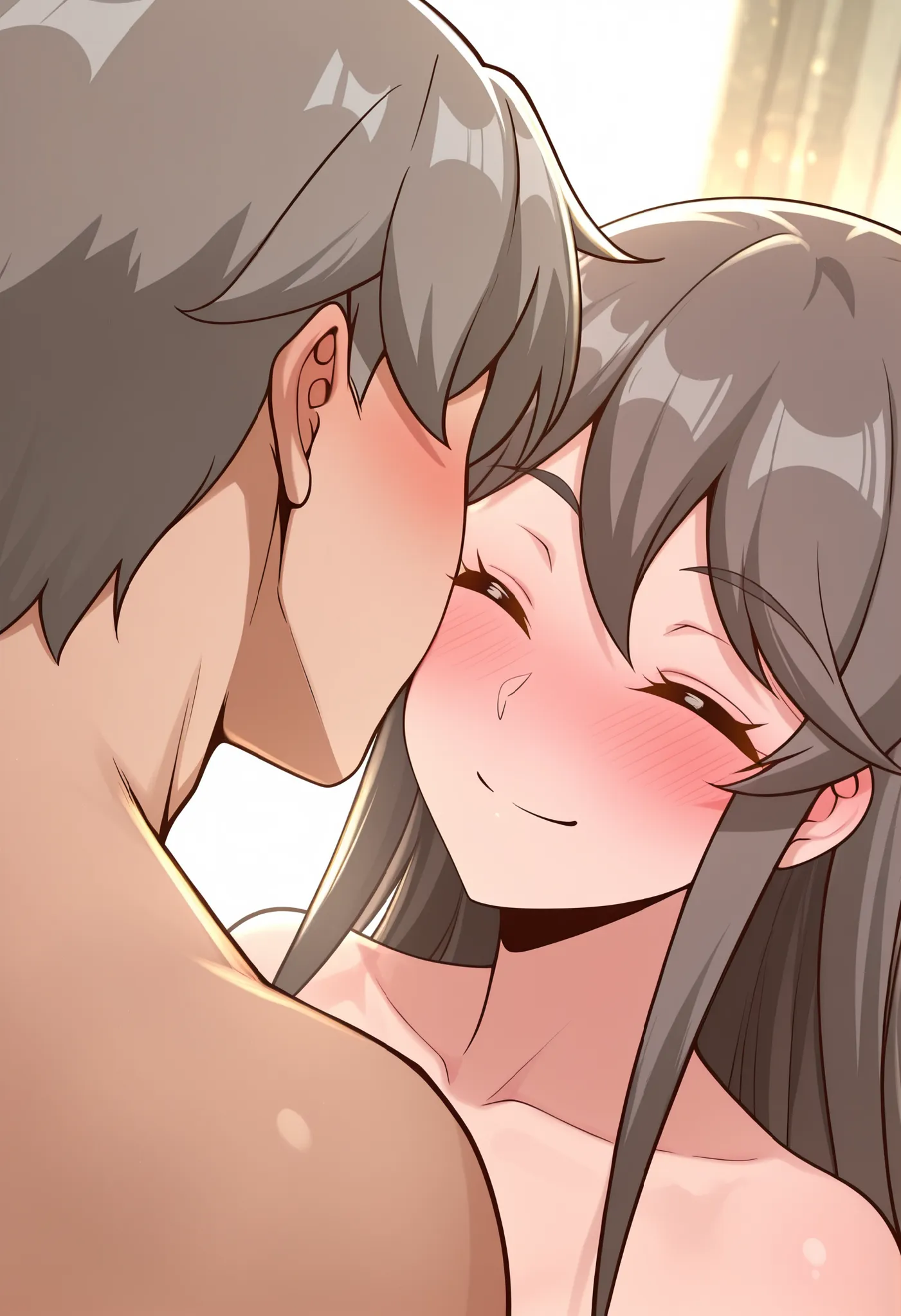 BREAK masterpiece, best quality), amazing quality, absurdres, highres, newest, HDR, 8K, 1girl, tilly_wimbledon, grey hair, long hair, closed eyes, nude, surprise kiss, closed mouth, orgasm, kissing cheek, hetero, blush, smile, 1boy