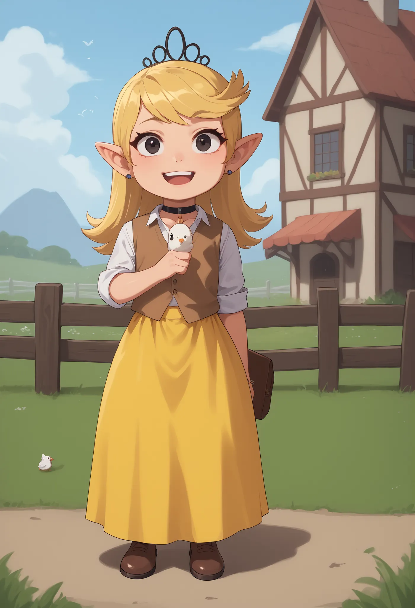 flat breasts. flat chest, skinny, huge hips, looking at viewer, 1o1a, blonde hair, tiara, Black eyes, earrings, necklace, choker. | masterpiece, best quality, 1girl, solo, pointy ears, brown vest, white shirt, sleeves rolled up, yellow skirt, long skirt, b...