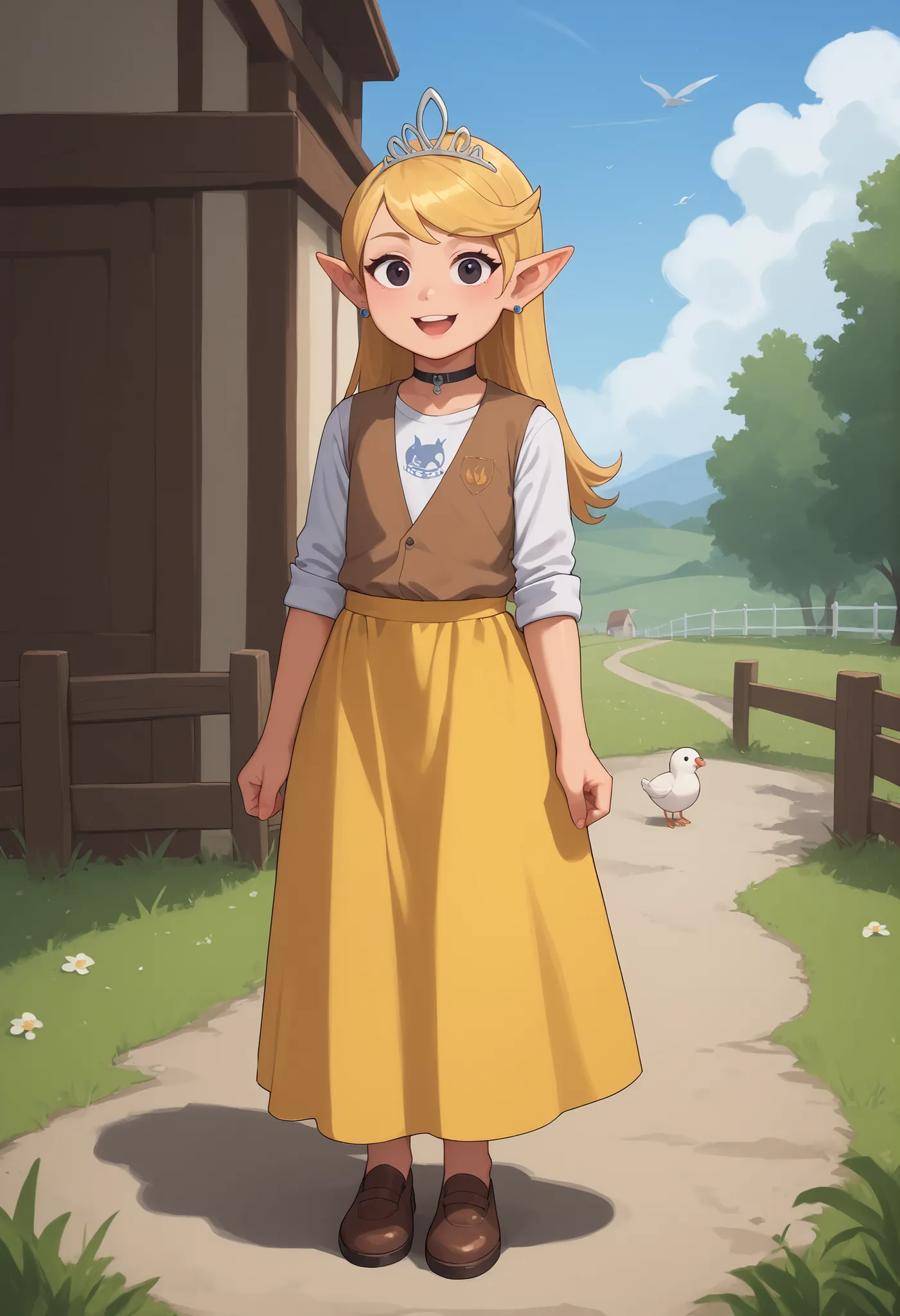 flat breasts. flat chest, skinny, huge hips, looking at viewer, 1o1a, blonde hair, tiara, Black eyes, earrings, necklace, choker. | masterpiece, best quality, 1girl, solo, pointy ears, brown vest, white shirt, sleeves rolled up, yellow skirt, long skirt, b...