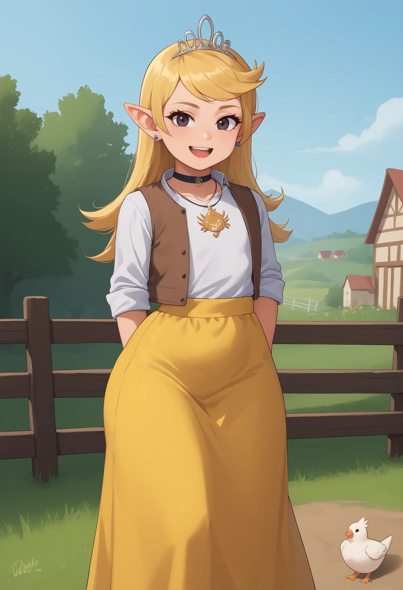 flat breasts. flat chest, skinny, huge hips, looking at viewer, 1o1a, blonde hair, tiara, Black eyes, earrings, necklace, choker. | masterpiece, best quality, 1girl, solo, pointy ears, brown vest, white shirt, sleeves rolled up, yellow skirt, long skirt, b...