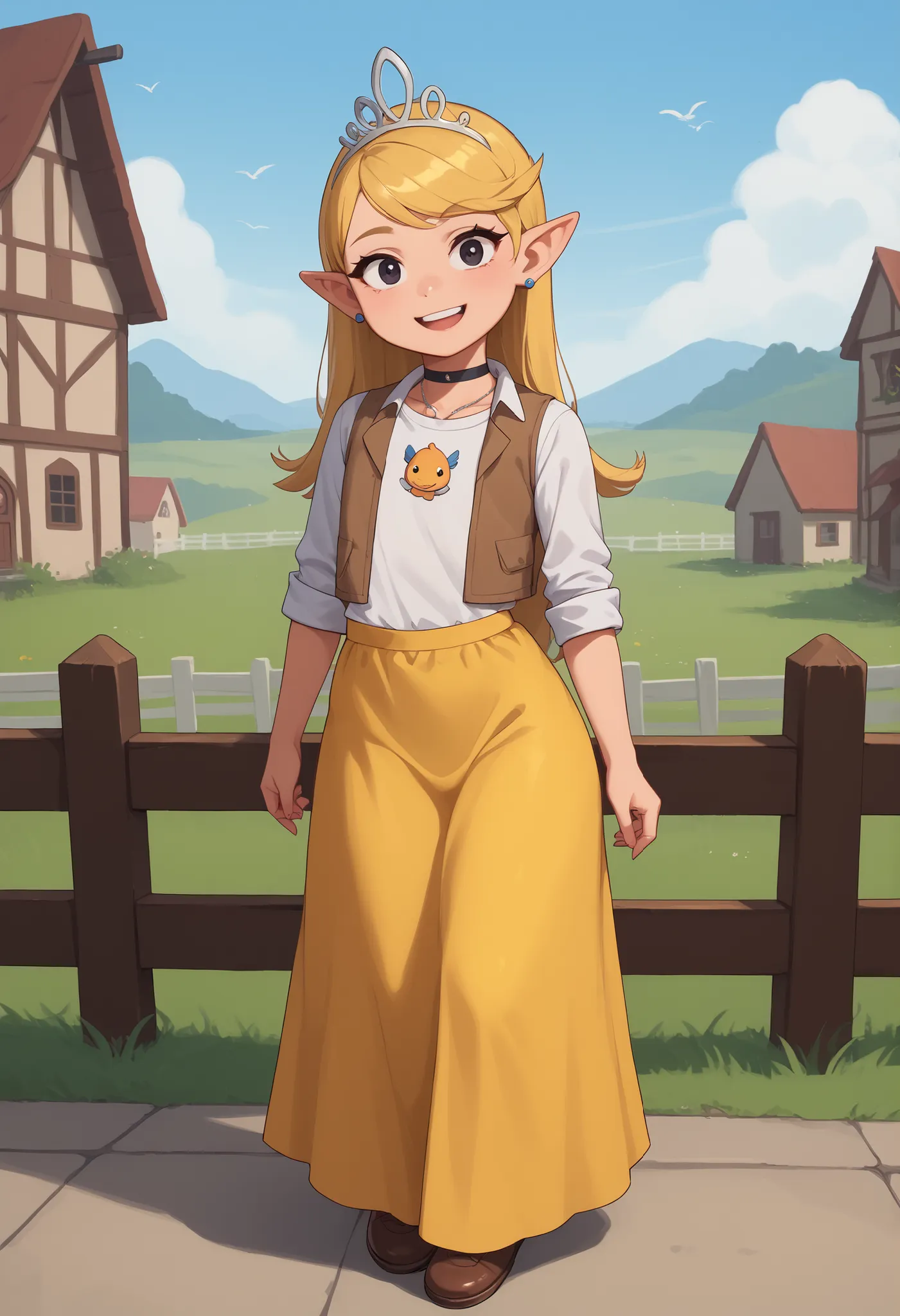 flat breasts. flat chest, skinny, huge hips, looking at viewer, 1o1a, blonde hair, tiara, Black eyes, earrings, necklace, choker. | masterpiece, best quality, 1girl, solo, pointy ears, brown vest, white shirt, sleeves rolled up, yellow skirt, long skirt, b...