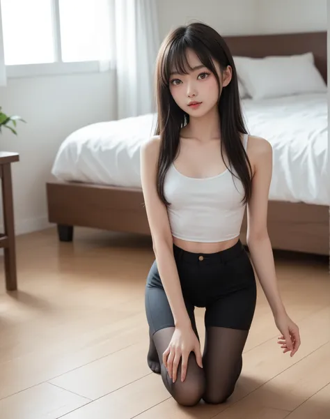beautiful girl, korean girl, K-pop idol, black hair, brown eyes in the bedroom, long hair, slim girl,  very thin girl , small breasts, thin legs, thighs gap, white top tank, (pants), stockings, Front, attractive, sexy pose, cowboy shot with one knee on the...