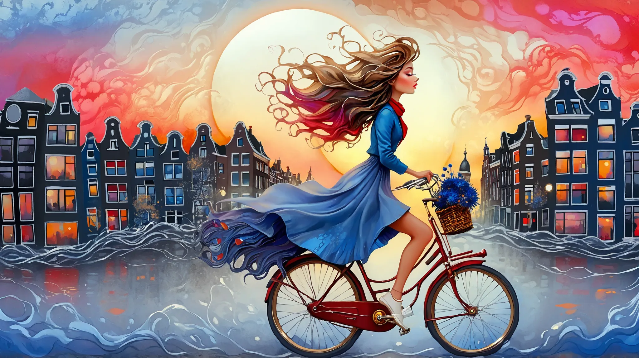 Fashion illustration, illustration, surreal fantasy, beautiful girl with long wavy hair, casual clothes, riding a bicycle in Amsterdam, brass color palette Cal key, red , sapphire, cornflower blue, sunset, volumetric lights, acrylic, fashion illustration.