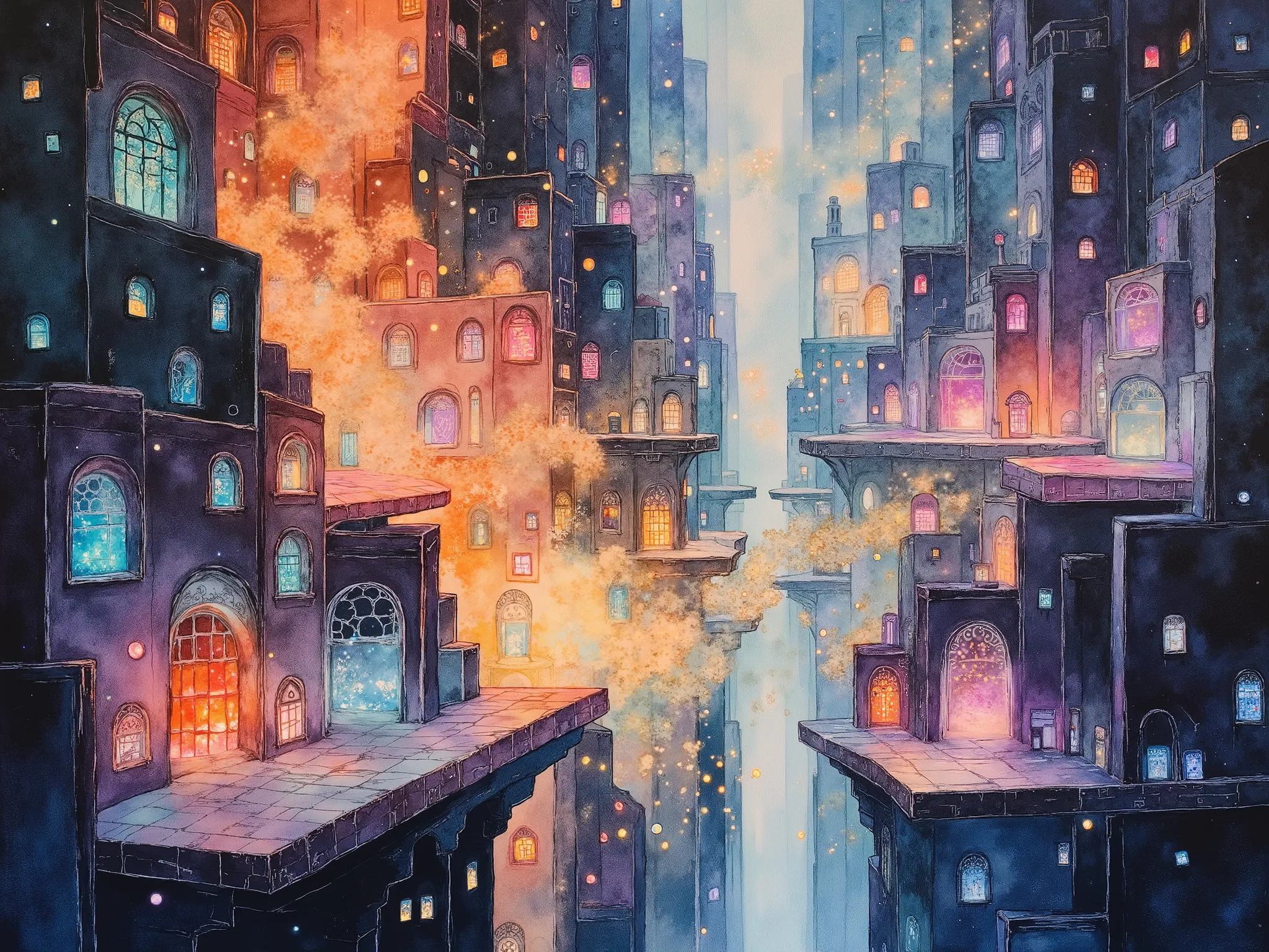Floating City magic dream Fantastic Vibes Seven Colors Clear contours color is clearly separated、transparent color color is clearly separated {x} effect where light shines in Geometric division(panel-like configuration) masterpiece ultra high definition ve...