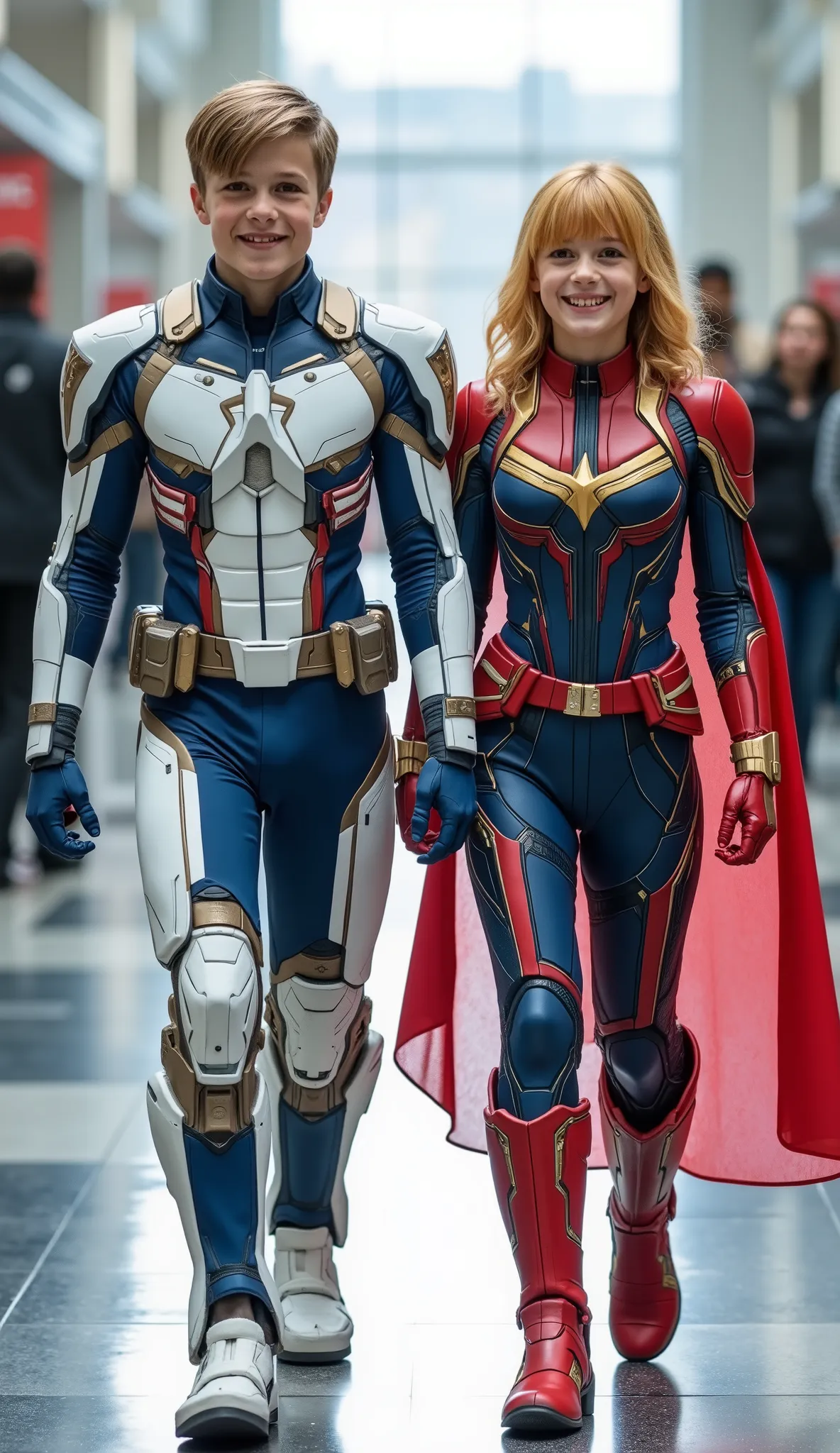 character: 1 boy Wearing futuristic white captain america body suit with blue silver armor futuristic white accents, and 1 girl yellow hair with bangs Wearing futuristic red captain Marvel body suit with gold silver armor futuristic white accents Big bre...
