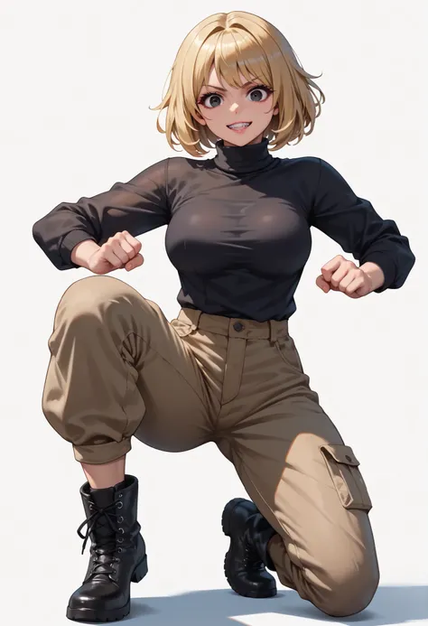 source_anime , Secret agent ,((White background)) White skin ((Italian woman)) ((1girl)) , (solo girl) ,30 years old,  rathing_questionable ,(Straight hair:1.2) Sharp face, Tanned skin (beautiful face:1.2), detailed eyes, (black eyes), (Blonde Medium bob h...