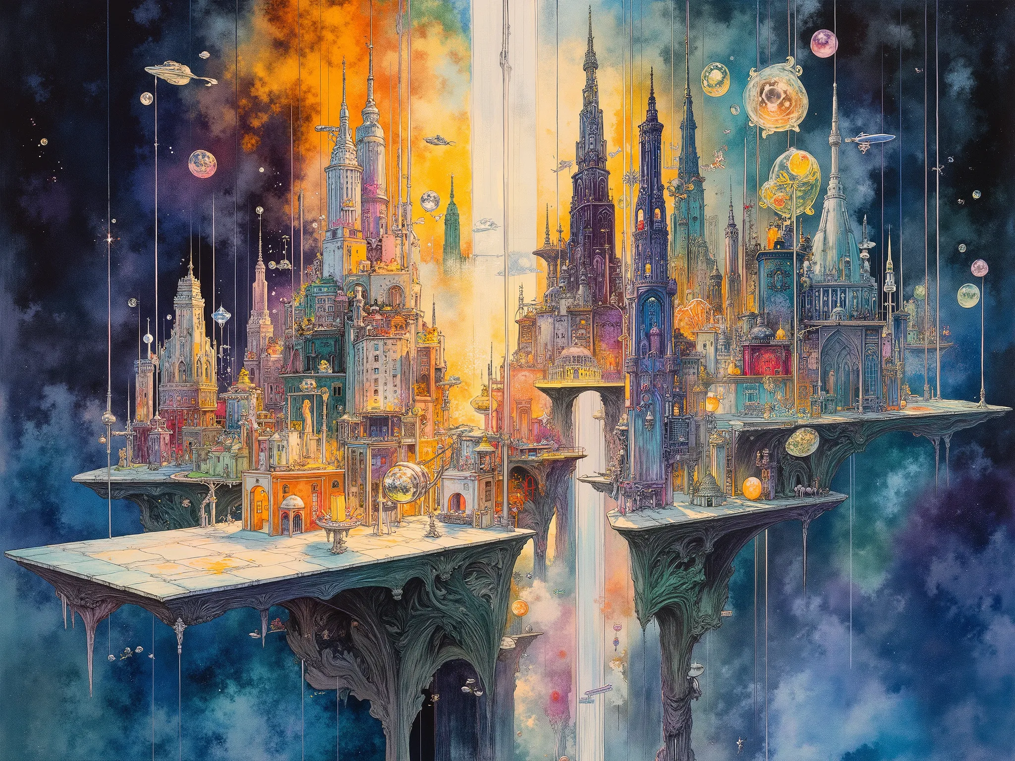 Floating City magic Fantastic Vibes Dali distortion Seven Colors Clear contours color is clearly separated、transparent color color is clearly separated {x} effect where light shines in Geometric division(panel-like configuration) masterpiece ultra high def...