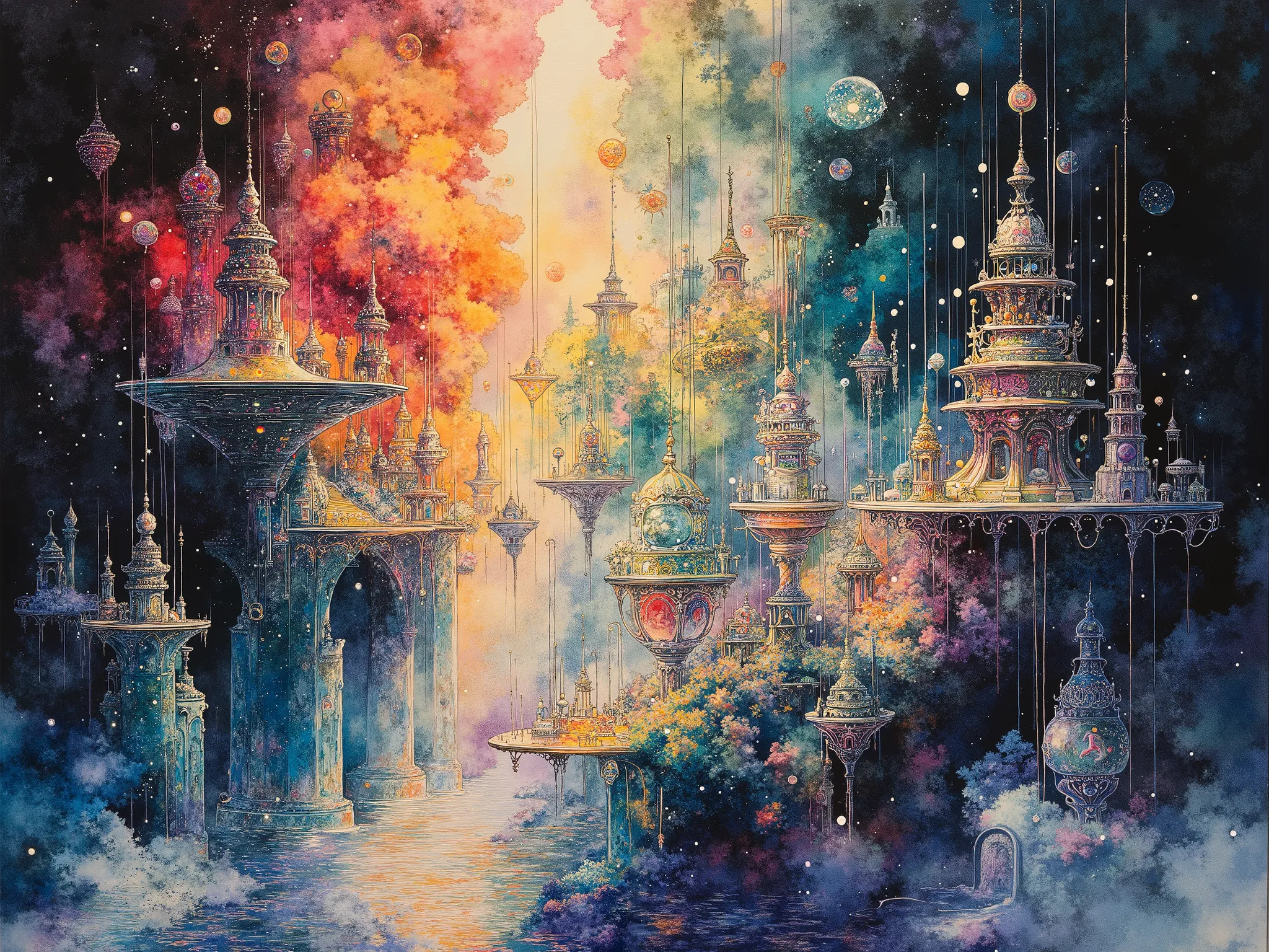 Undersea City Mysterious Fantastic Vibes Dali distortion Rainbow Clear contours color is clearly separated、transparent color color is clearly separated {x} effect where light shines in Geometric division(panel-like configuration) masterpiece ultra high def...