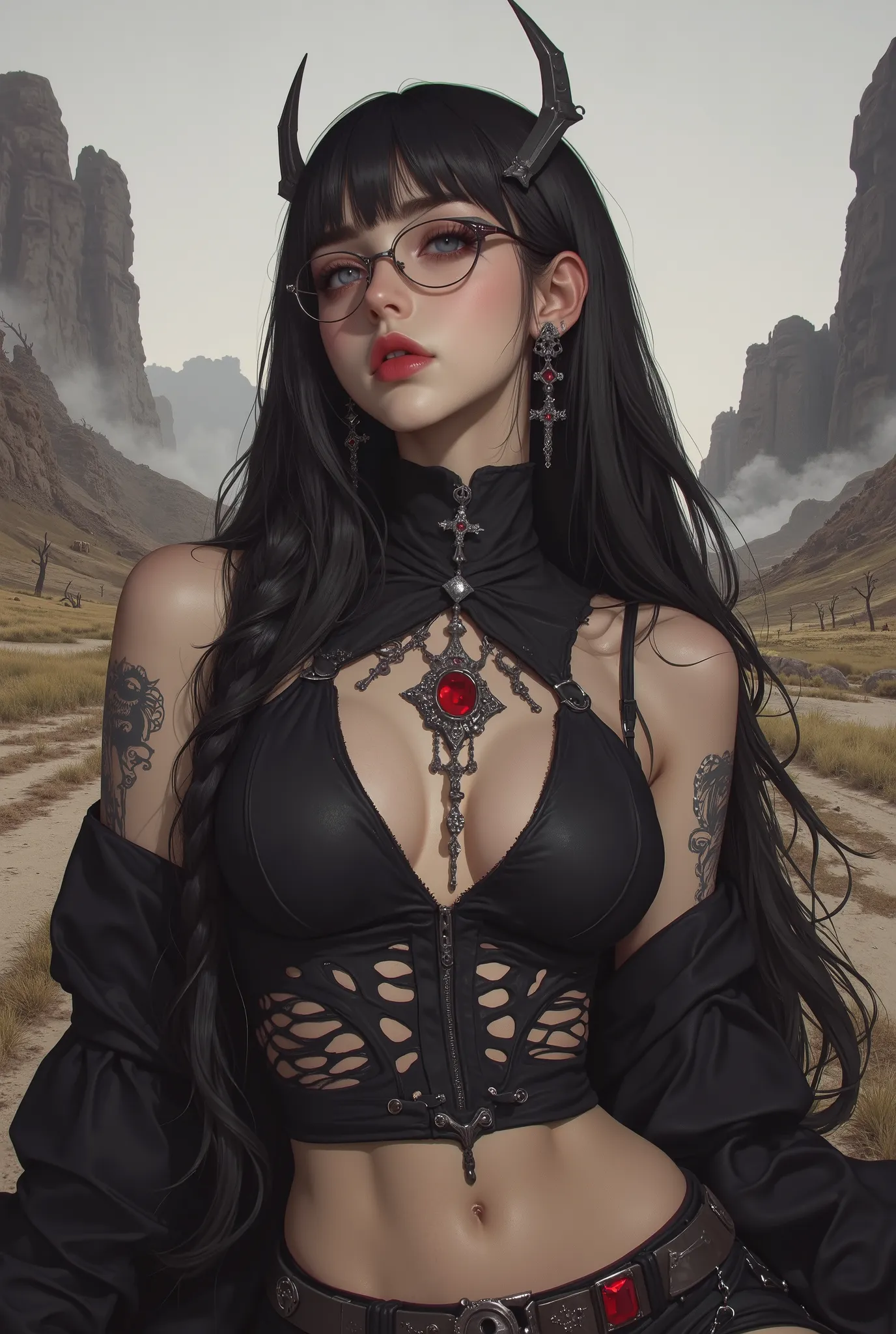 (  Highest Quality, best illustrations,high definition:1.2), (Horror Fantasy:1.5), (ink and watercolor:1.5),(Ominous Scenery  :1.5),(A lot of dust rises:1.5),( Dirt Track  :1.5),(wonderful:1.5),(masterpiece:1.5),  (Powerful figures:1.1、Big Breasts:1.3) 、 (...