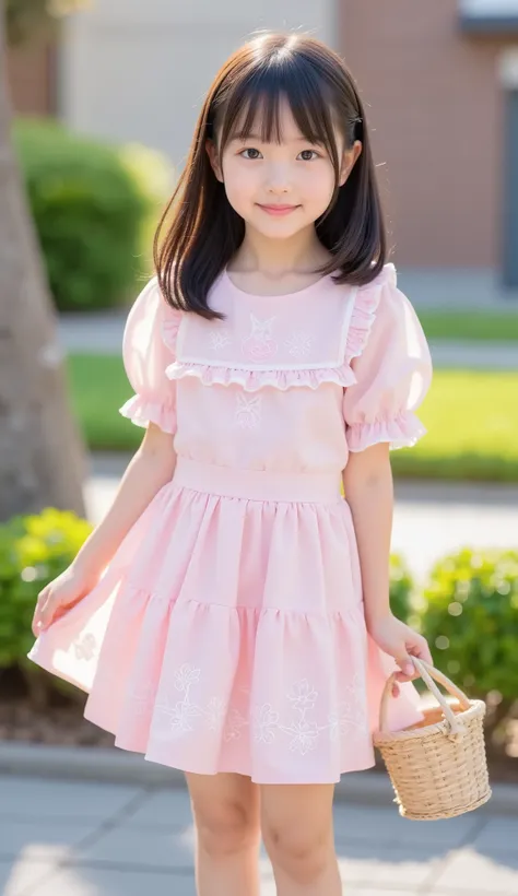 Cute Lolly,Japanese girl,hyperreal,high definition,Highest Quality,8k, Exquisite Details ,(elementary school student,short,baby face:1.3),(dress: 淡いピンクまたはミントグリーンのコットンdress。with small lace ruffles and cherry blossom embroidery on the chest。 skirt part with ...