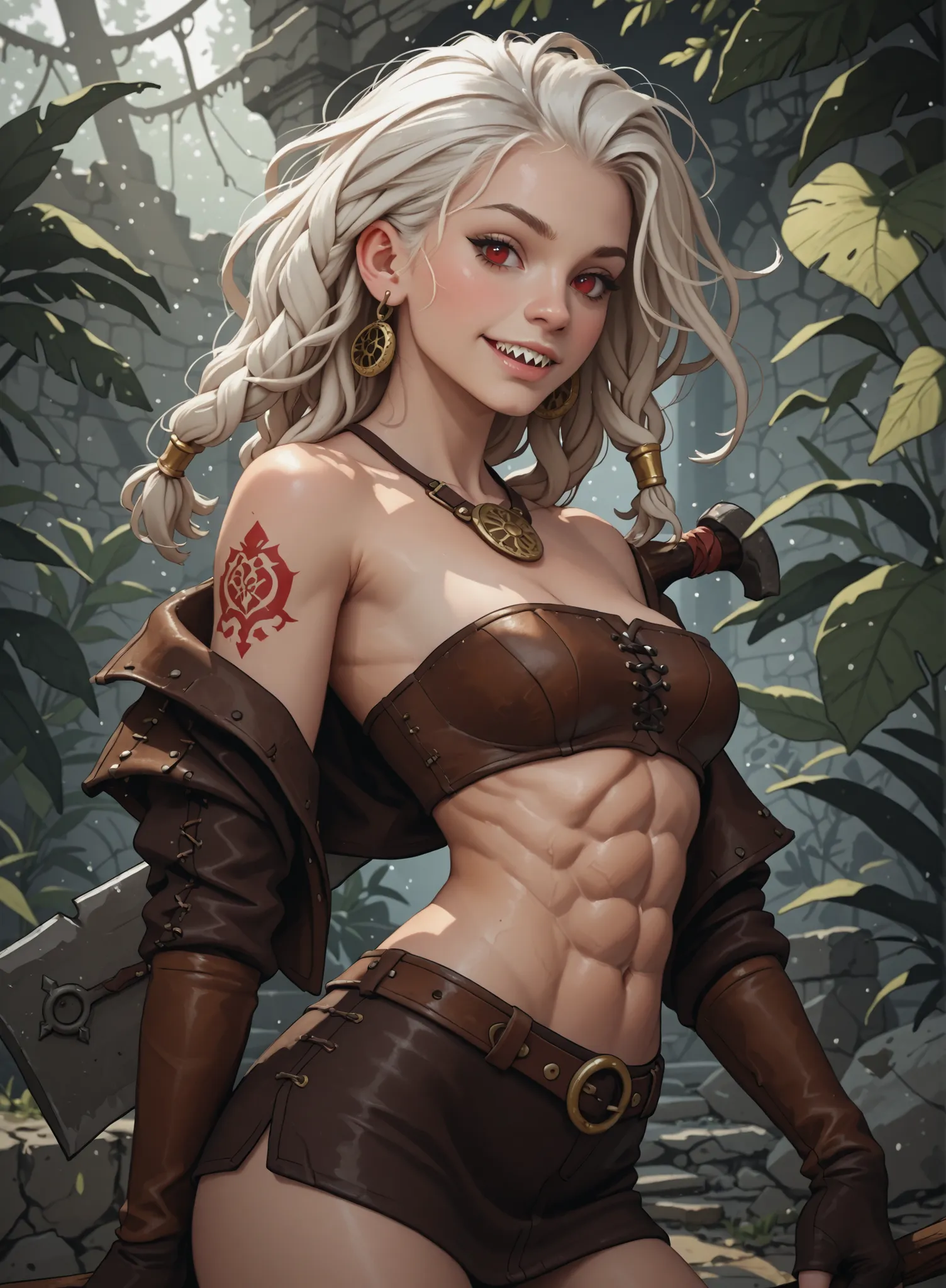 Slender body. White skin. Cute 18-year-old Asian girl with Asian red eyes and sharp teeth and dreadlocks with white highlights. She has a cute and beautiful face. She has a round and young face with a pointy chin. Her body is athletic with abs. She wears m...