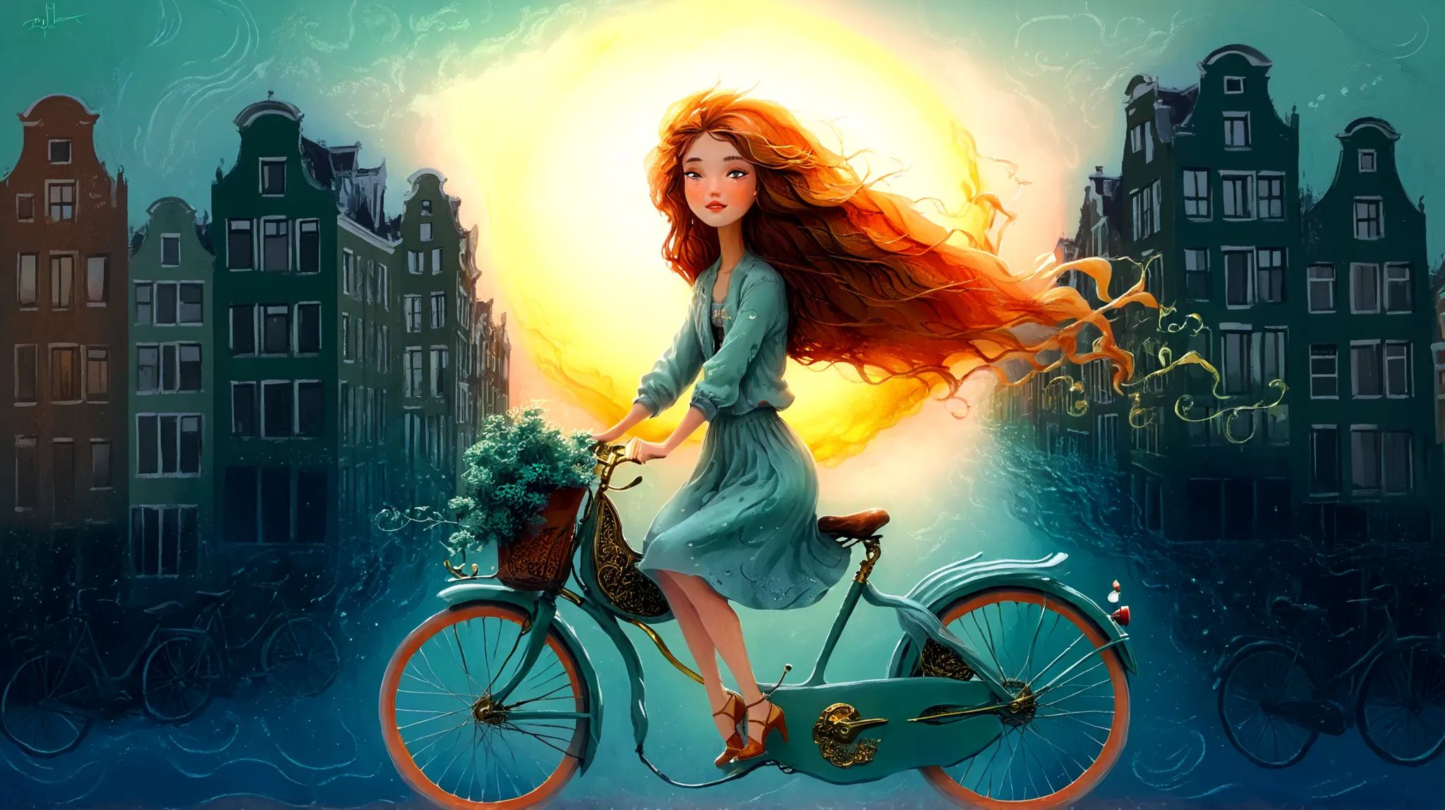 Fashion illustration, illustration, surreal fantasy, beautiful girl with long wavy hair, casual clothes, riding a mint bicycle in Amsterdam, brass color palette: Persian Green, Saffron, Deep Saffron, Mandarin, Fire Opal, sunset, volumetric lights, acrylic,...