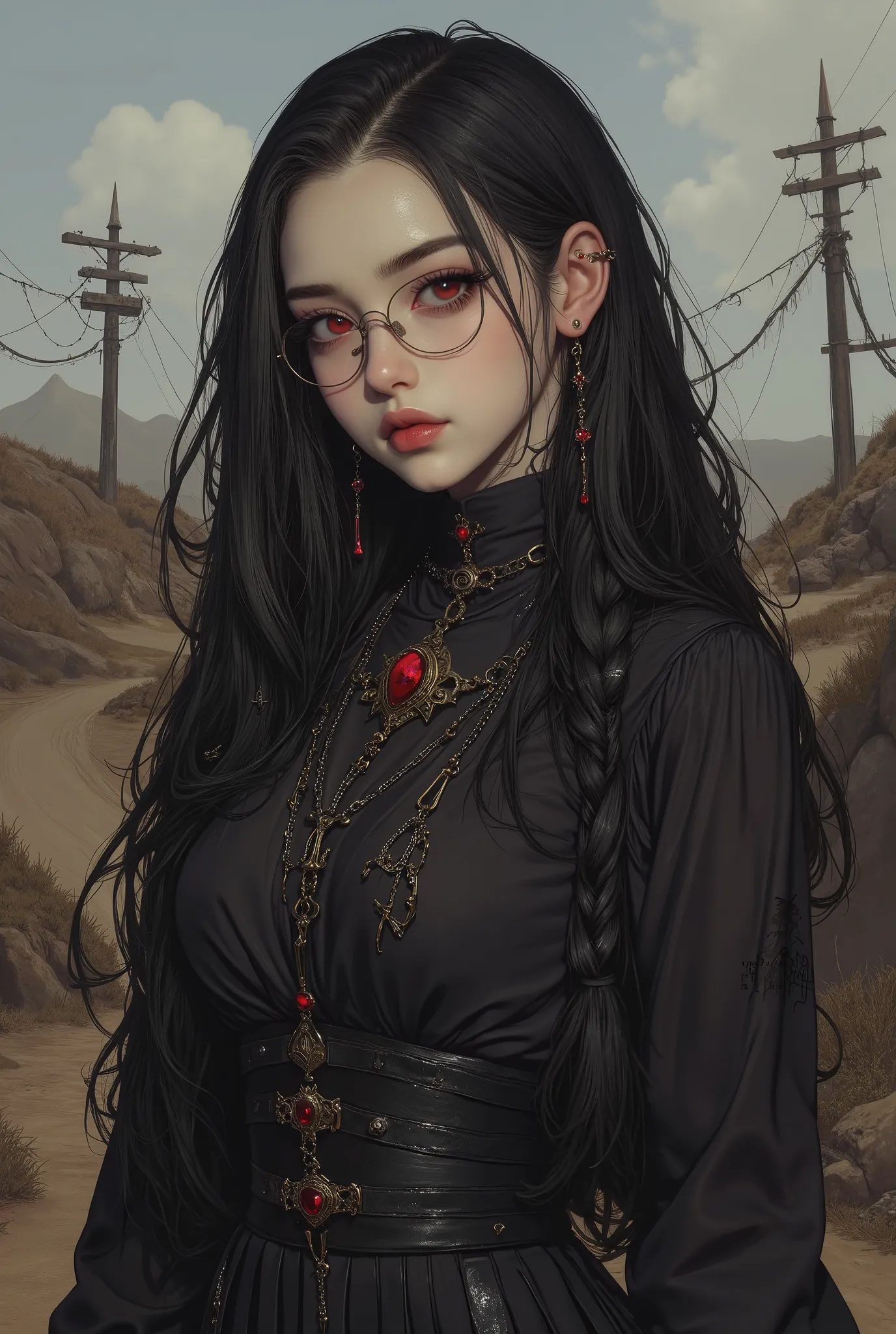 (  Highest Quality, best illustrations,high definition:1.2), (Horror Fantasy:1.5), (ink and watercolor:1.5),(Ominous Scenery  :1.5),(A lot of dust rises:1.5),( Dirt Track  :1.5),(wonderful:1.5),(masterpiece:1.5),  (Powerful figures:1.1、Big Breasts:1.3) 、 (...