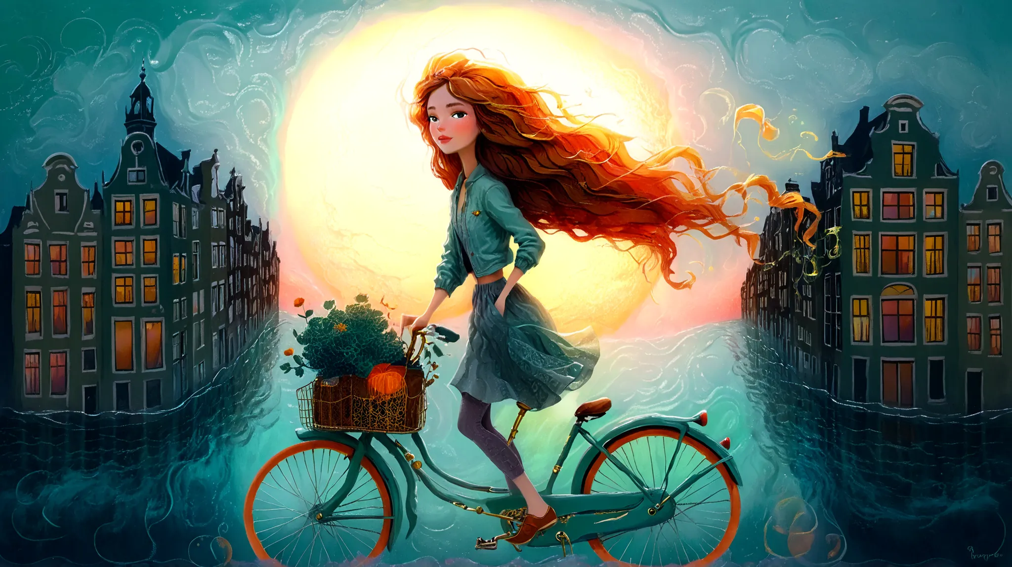 Fashion illustration, illustration, surreal fantasy, beautiful girl with long wavy hair, casual clothes, riding a mint bicycle in Amsterdam, brass color palette: Persian Green, Saffron, Deep Saffron, Mandarin, Fire Opal, sunset, volumetric lights, acrylic,...