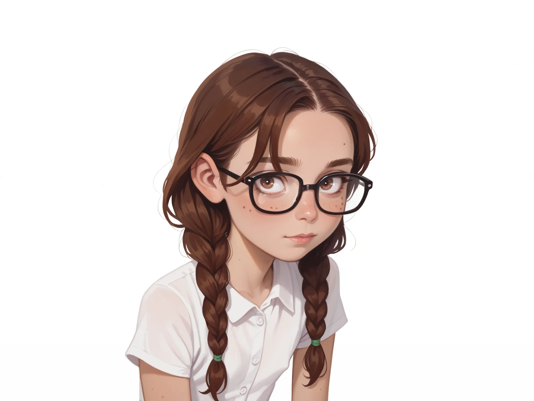 Young girl. Cartoon. Nerdy girl, nerdy face. (()). Glasses. Undeveloped beautiful body. short stature, small stature. Bob hair with braids. Freckled skin. flat chest, thin arms, extremely skinny, long hair. tanned body. Nice bellybutton, Beautiful delicat...