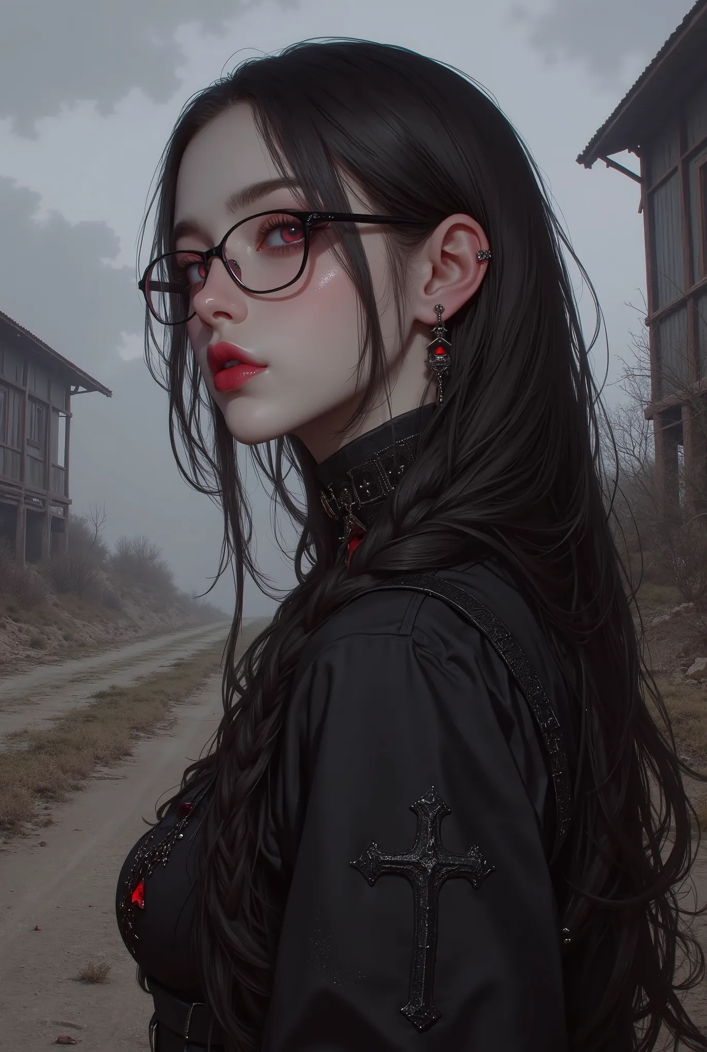 (  Highest Quality, best illustrations,high definition:1.2), (Horror Fantasy:1.5), (ink and watercolor:1.5),(Ominous Scenery  :1.5),(A lot of dust rises:1.5),( Dirt Track  :1.5),(wonderful:1.5),(masterpiece:1.5),  (Powerful figures:1.1、Big Breasts:1.3) 、 (...