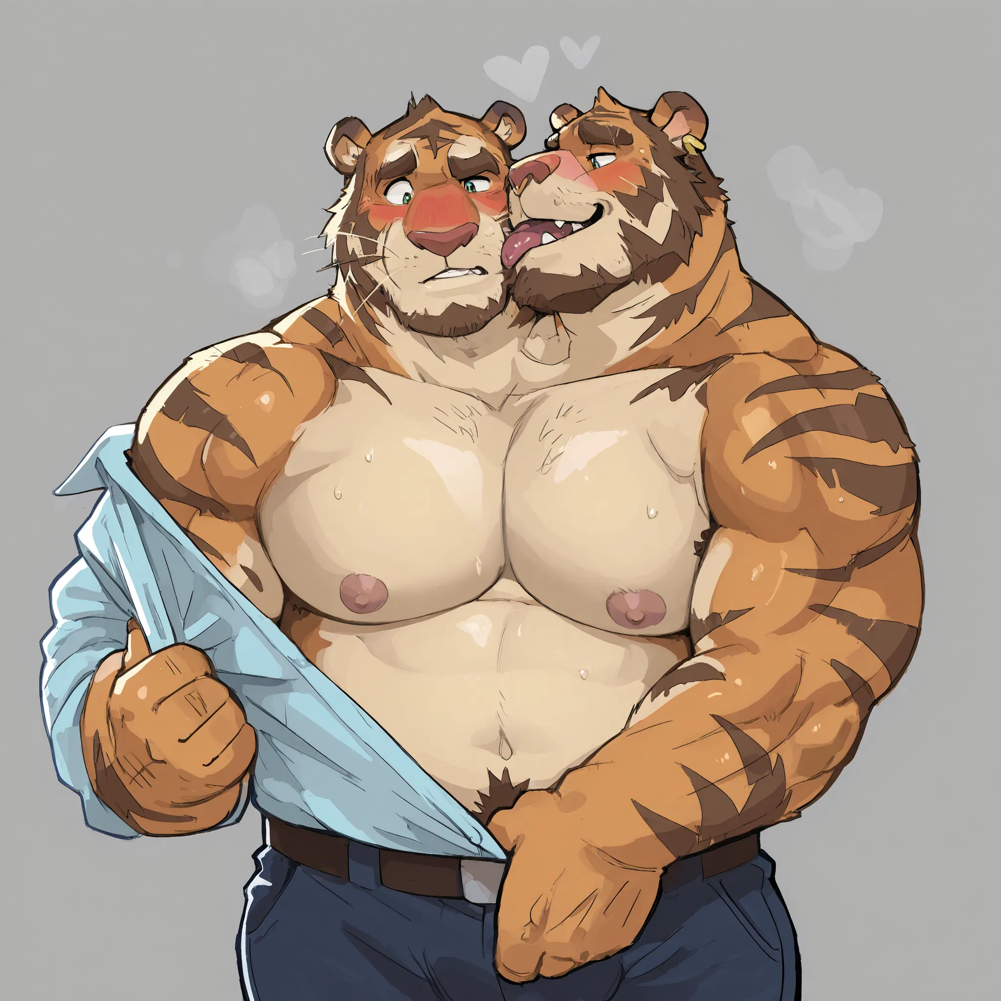  tiger with two heads )),  ((one head bear, one head tiger)) spookeedoo, flirty, kissing neck, high detail, detailed eyes, ((two heads one body)), ((boss)) conjoined, adult, shy, undressing, coach, eyes, adult, male, (thick body, correct hands, correct ana...
