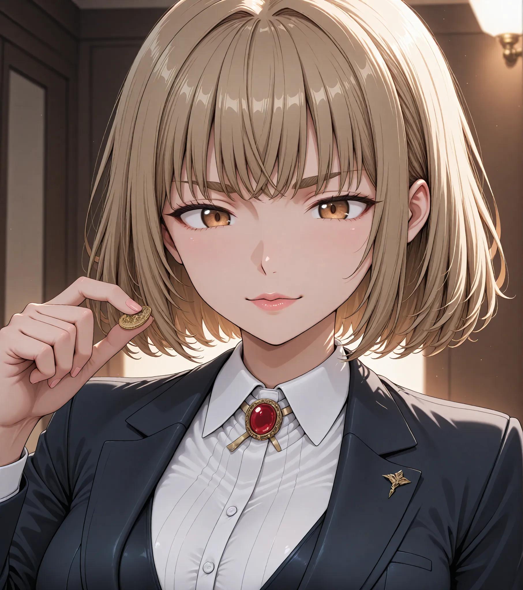 An imposing leader with a determined eye, wearing an elegant suit with a firm and secure posture. Her face is strong and expressive, with hazel eyes that reflect depth and determination. Her thick eyebrows and slightly arched reinforce their Intense expres...
