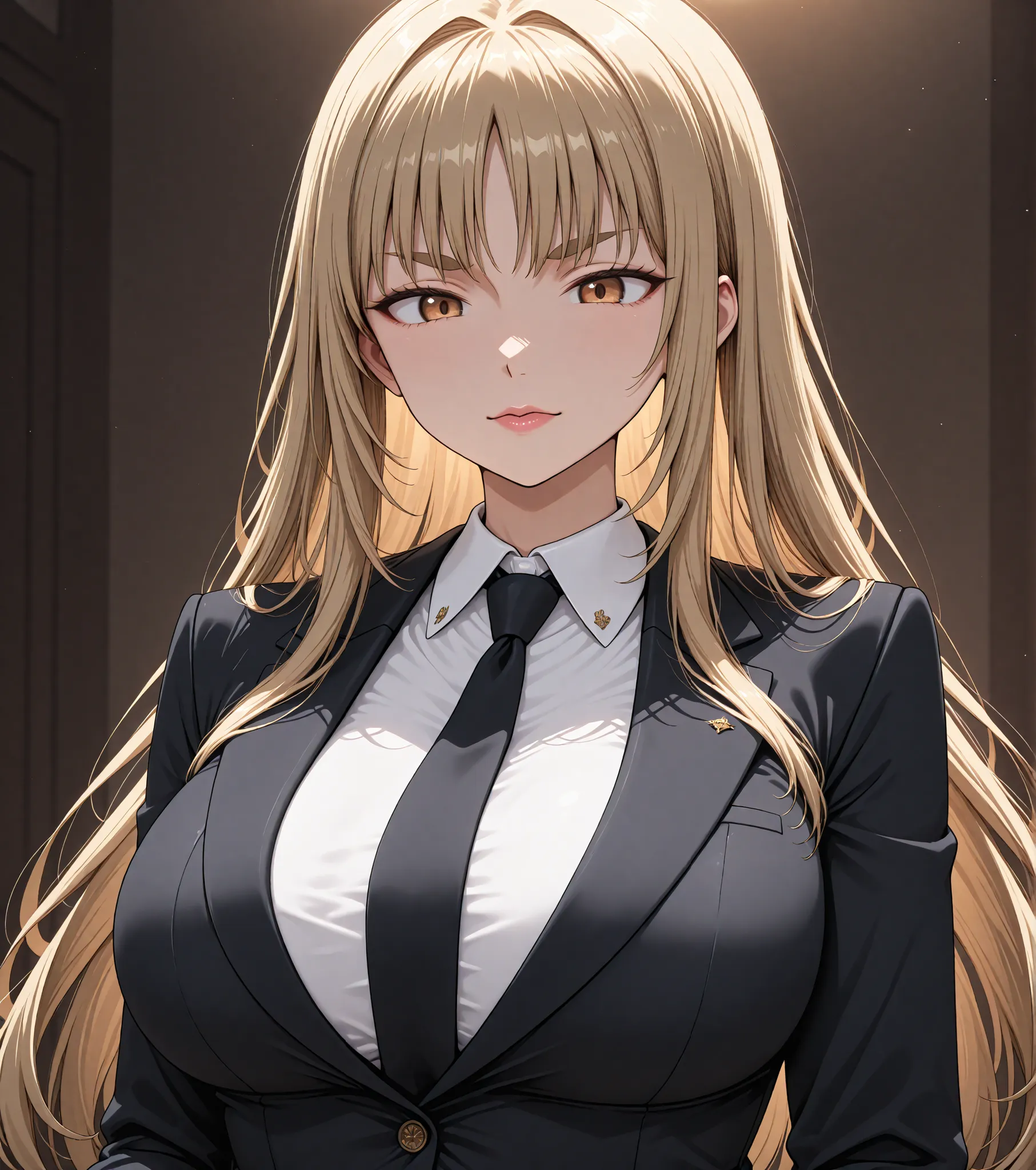 An imposing leader with a determined eye, wearing an elegant suit with a firm and secure posture. Her face is strong and expressive, with hazel eyes that reflect depth and determination. Her thick eyebrows and slightly arched reinforce their Intense expres...