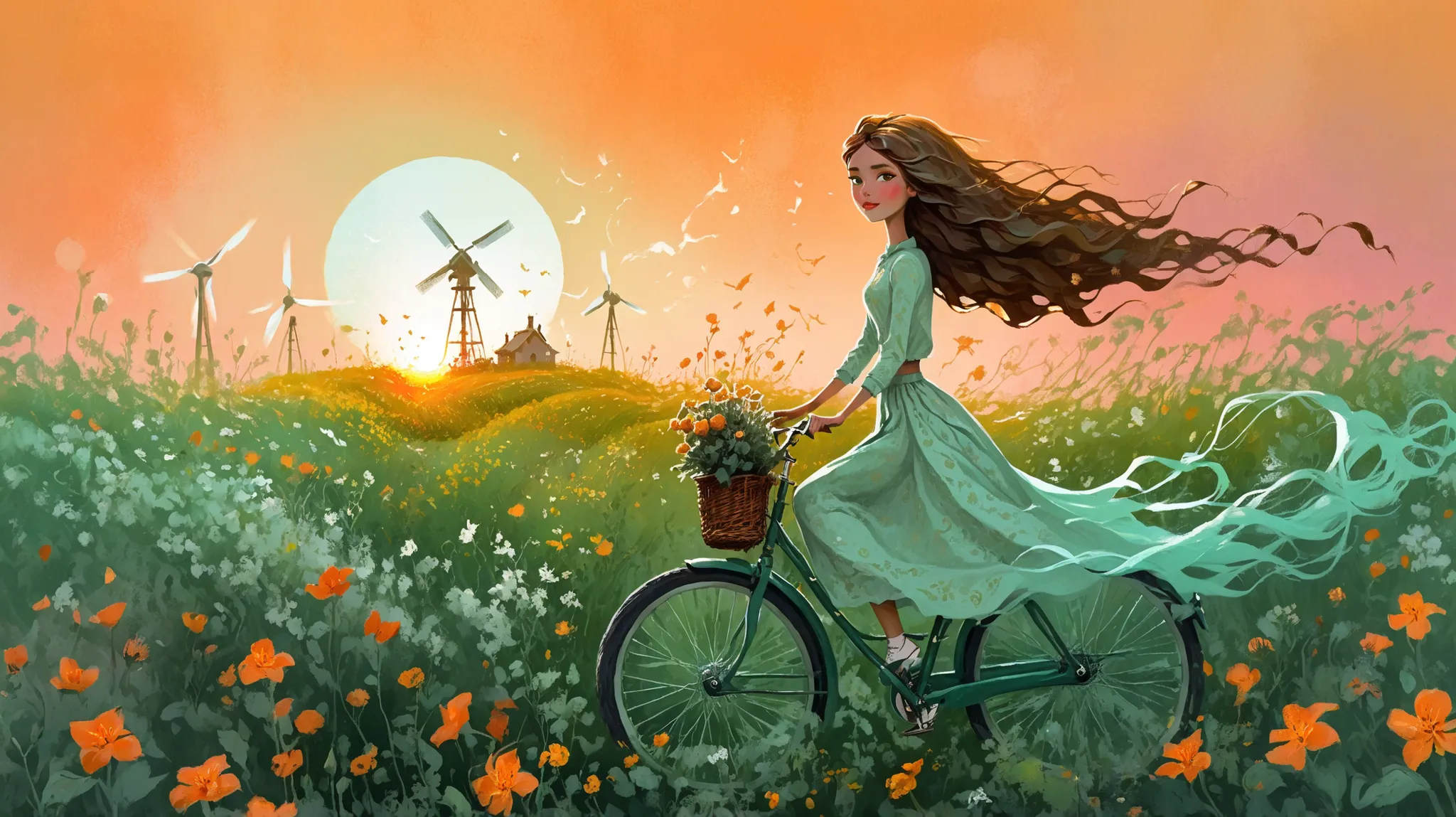 Fashion illustration, illustration, surreal fantasy, beautiful girl with long wavy hair, casual clothes, riding a mint bicycle in through a field of flowers, with windmills in the distance, brass color palette: Persian Green, Saffron, Deep Saffron, Mandari...