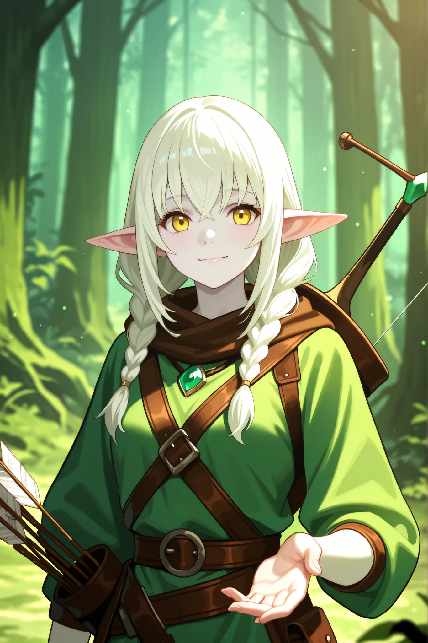 A full-body portrait of a young elven girl with long, straight white hair worn loose, with bangs covering her forehead and small sections of hair tied into braids. She has pale skin, bright yellow eyes, and a sweet, cheerful expression. She wears adventure...