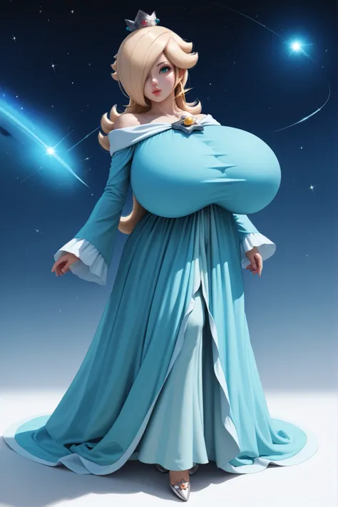 (Princess Rosalina), ((gigantic breasts)), (2.5D), Rosalina has platinum blonde hair and is wearing her light blue gown. her hair covers her right eye. RslnDef, hair over one eye, crown, bare shoulders, off-shoulder dress, long sleeves, blue dress, long dr...