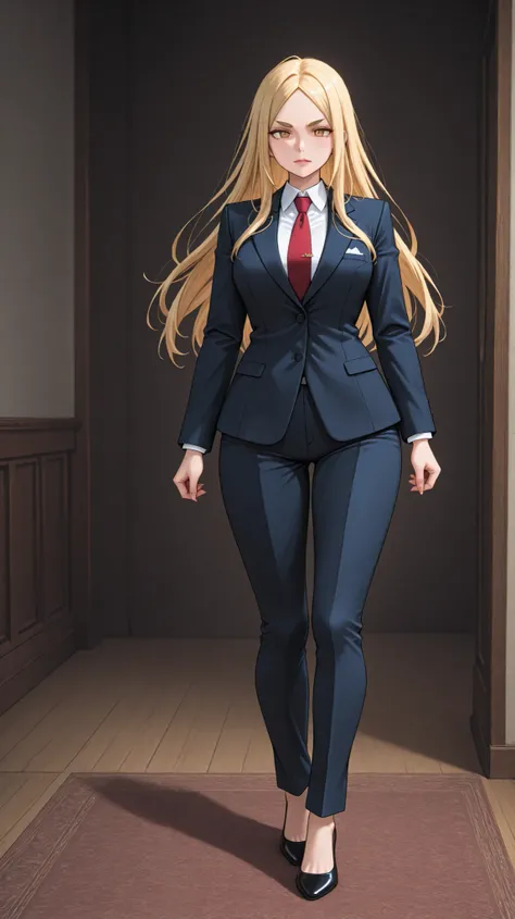 An imposing leader with a determined eye, wearing an elegant suit with a firm and secure posture. Her face is strong and expressive, with hazel eyes that reflect depth and determination. Her thick eyebrows and slightly arched reinforce their Intense expres...