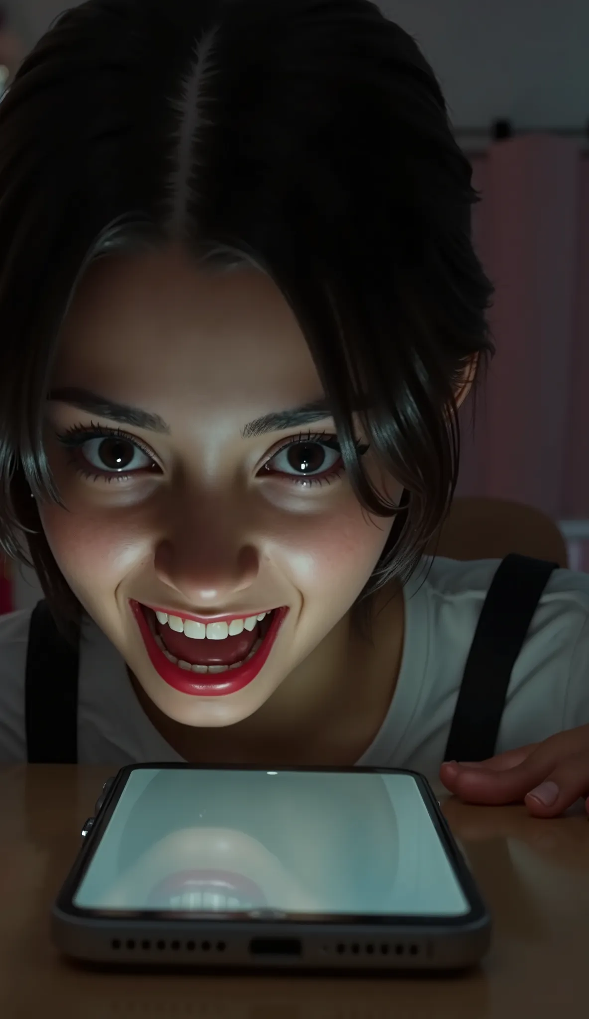 HORROR PICTURE, DARK, SCREAMING, iPhone on a table with a girl trap inside