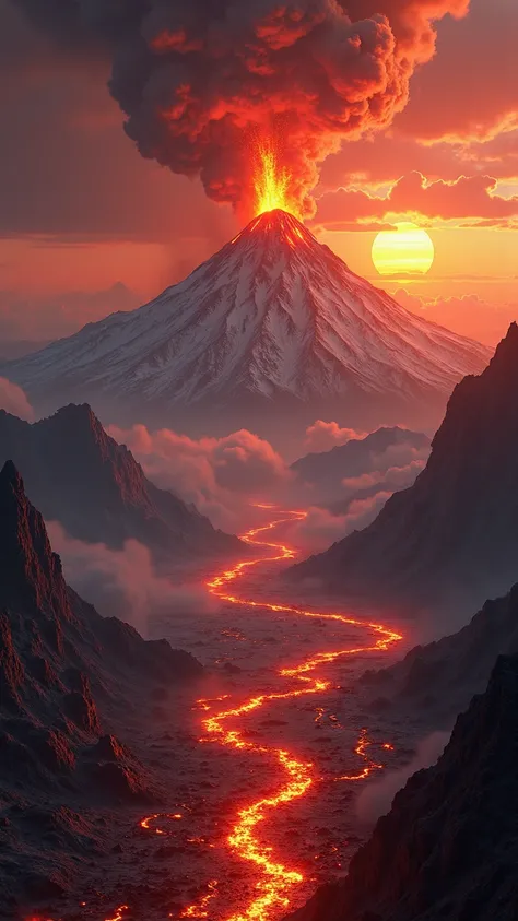 an apocalyptic volcanic landscape dominated by a towering stratovolcano erupting molten lava and billowing ash plumes into a stormy crimson sky above jagged snow-capped peaks and charred lava fields dotted with smoldering fissures and glowing obsidian outcrops while a colossal blood-red sun hovers near the horizon casting dramatic silhouettes of twisted burnt trees and distant mountain ridges, digital art medium rendered as hyper-realistic cinematic landscape art leveraging physically based ray tracing and volumetric rendering composition captured in an ultra-wide 16:9 panoramic view from a low-angle perspective emphasizing scale and depth with leading lines formed by rivers of glowing magma snaking toward the viewer and fractured hexagonal basalt column formations at the crater base and swirling pyroclastic cloud vortex crowned with flickering volcanic lightning arcs artful negative space between turbulent ash clouds and sharp rocky spires lighting featuring intense fiery rim lighting from erupting lava flows interplaying with moody diffused twilight shadows and directional shafts of golden sunlight piercing through turbulent ash-laden clouds color palette of deep scarlets fiery oranges molten golds smoky charcoals ashen grays and muted twilight purples accented by glowing ember highlights and incandescent volcanic bombs streaking across the sky mood of ominous grandeur apocalyptic tension and primal elemental power evoking the raw fury of nature unleashed ultra-high-definition 8K clarity with intricate textural detail from microfractured volcanic rock ridges to glistening lava droplets shimmering on airborne ash particles heat haze distortion waves subtle lens flare bloom slight chromatic aberration at brightest highlights simulated as a RAW full-frame sensor capture with precise photometric calibration