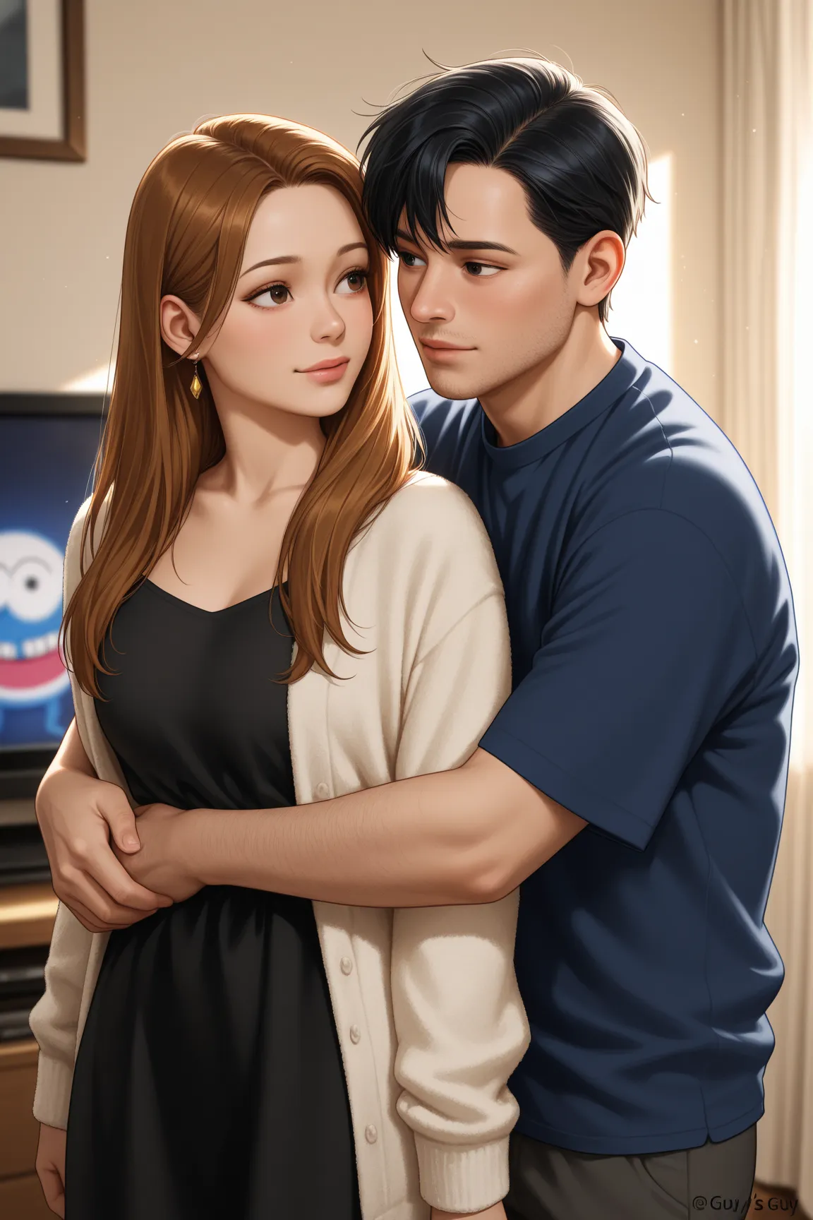 a guy is standing in front of the TV, there's a beautiful girl on TV who got half out of the TV, girl hugs guy, realistic