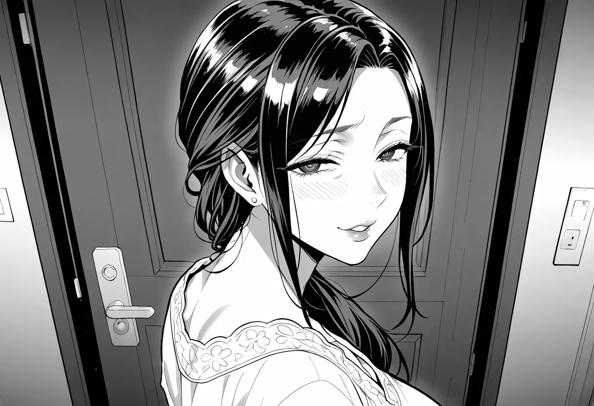  mature woman,housewife,A hentai manga scene ,  a detailed black and white manga panel,  an intricate line drawing ,  a very detailed anatomy , erotic, sensual, Explícita,  suggestive,  beautiful detailed eyes ,  beautiful detailed lips ,  extremely detailed face,  long eyelashes ,  seductive expression ,  provocative pose,  dynamic composition , HIGH CONTRAST,  dramatic lighting ,  melancholic atmosphere ,   evil, breast,  standing, door, hause wife clothes, back view