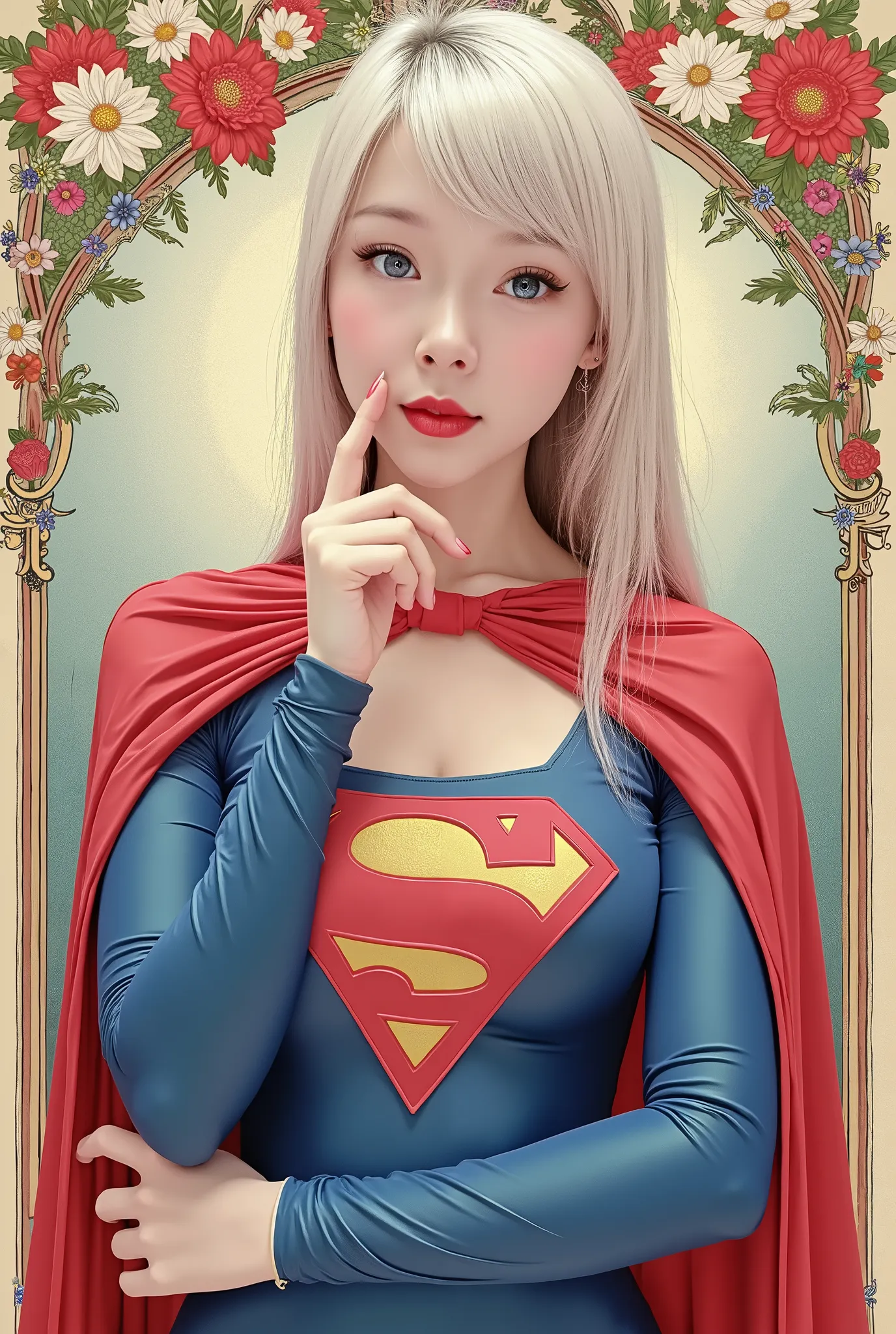 Front Closeup Bust、Noble and Beautiful Girl、（Superman cosplay :1.Superman的象征、Superman&#39;landscape、Superman's Mark、 platinum blonde hair 、blue eyes、、（ Popup :1.5)、Long、Punch  、（Cheeks resting on your hands:1.2)、（combines the artistry of a fist on the chee...