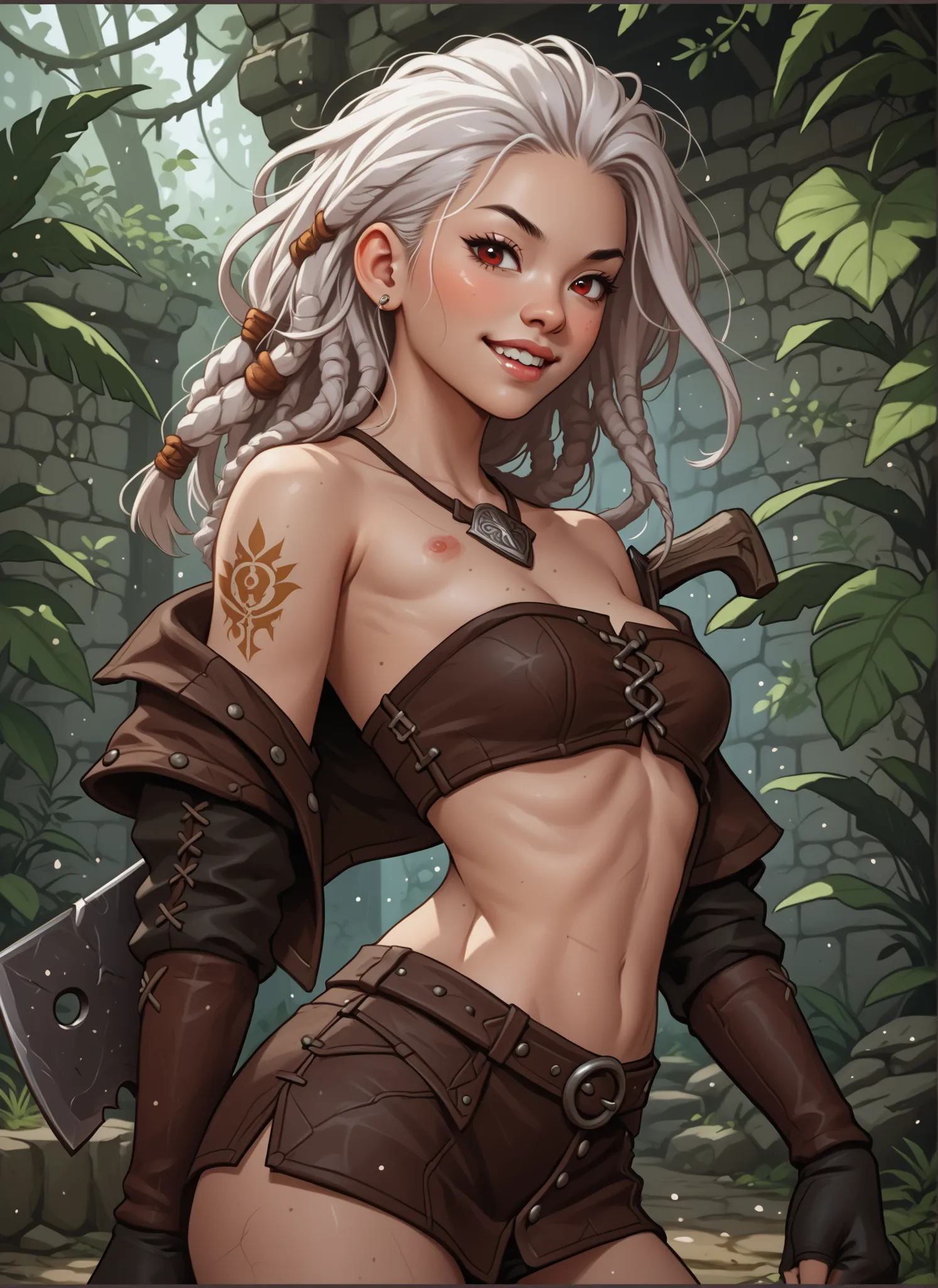 Slender body. White skin. Cute 18-year-old Asian girl with Asian red eyes and sharp teeth and dreadlocks with white highlights. She has a cute and beautiful face. She has a round and young face with a pointy chin. Her body is athletic with abs. She wears m...